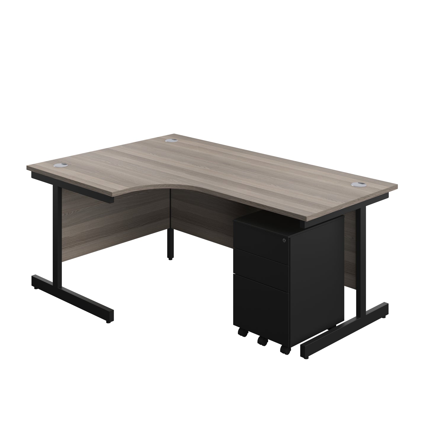 Aztec|Single Upright|Left Hand|Radial Desk with Under Desk Steel Pedestal 3 Drawer|1800x1200|Grey Oak-Black