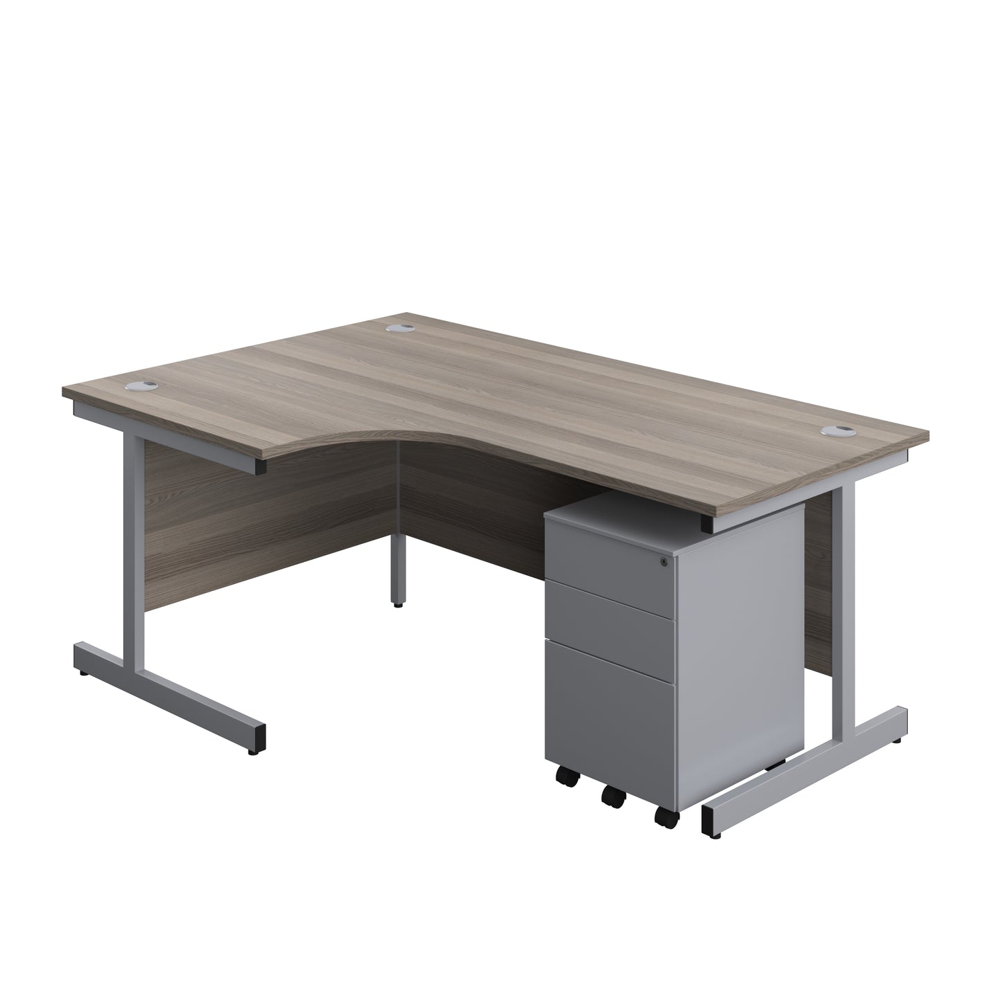 Aztec|Single Upright|Left Hand|Radial Desk with Under Desk Steel Pedestal 3 Drawer|1800x1200|Grey Oak-Silver