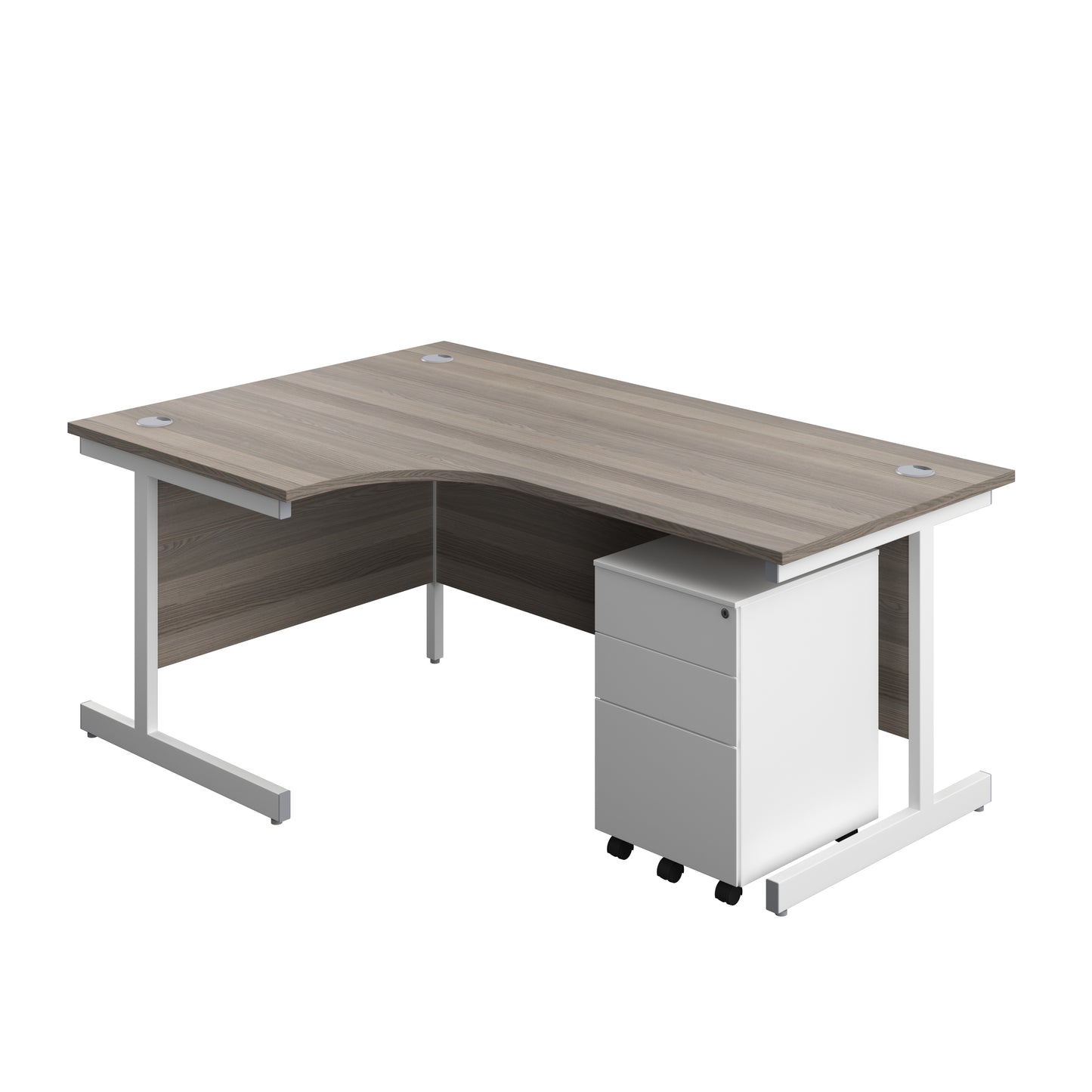 Aztec|Single Upright|Left Hand|Radial Desk with Under Desk Steel Pedestal 3 Drawer|1800x1200|Grey Oak-White