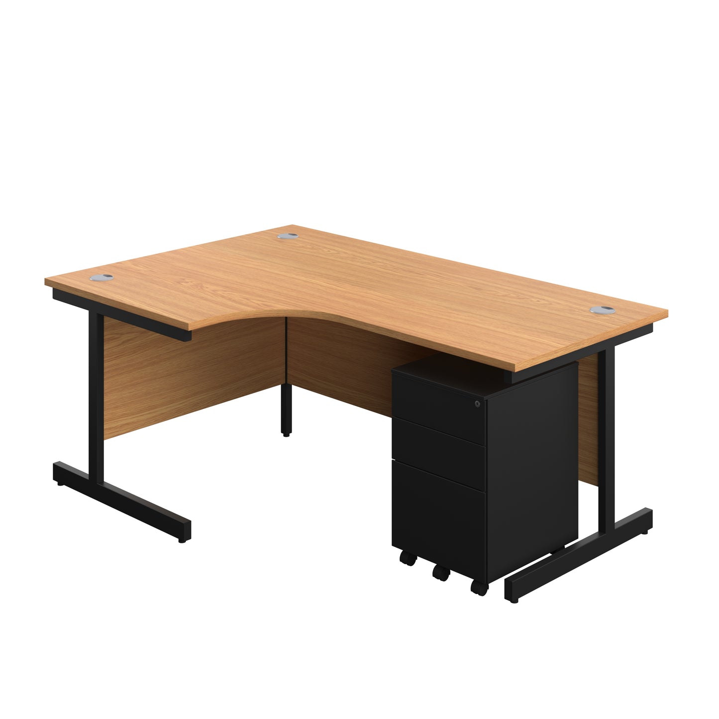 Aztec|Single Upright|Left Hand|Radial Desk with Under Desk Steel Pedestal 3 Drawer|1800x1200|Nova Oak-Black