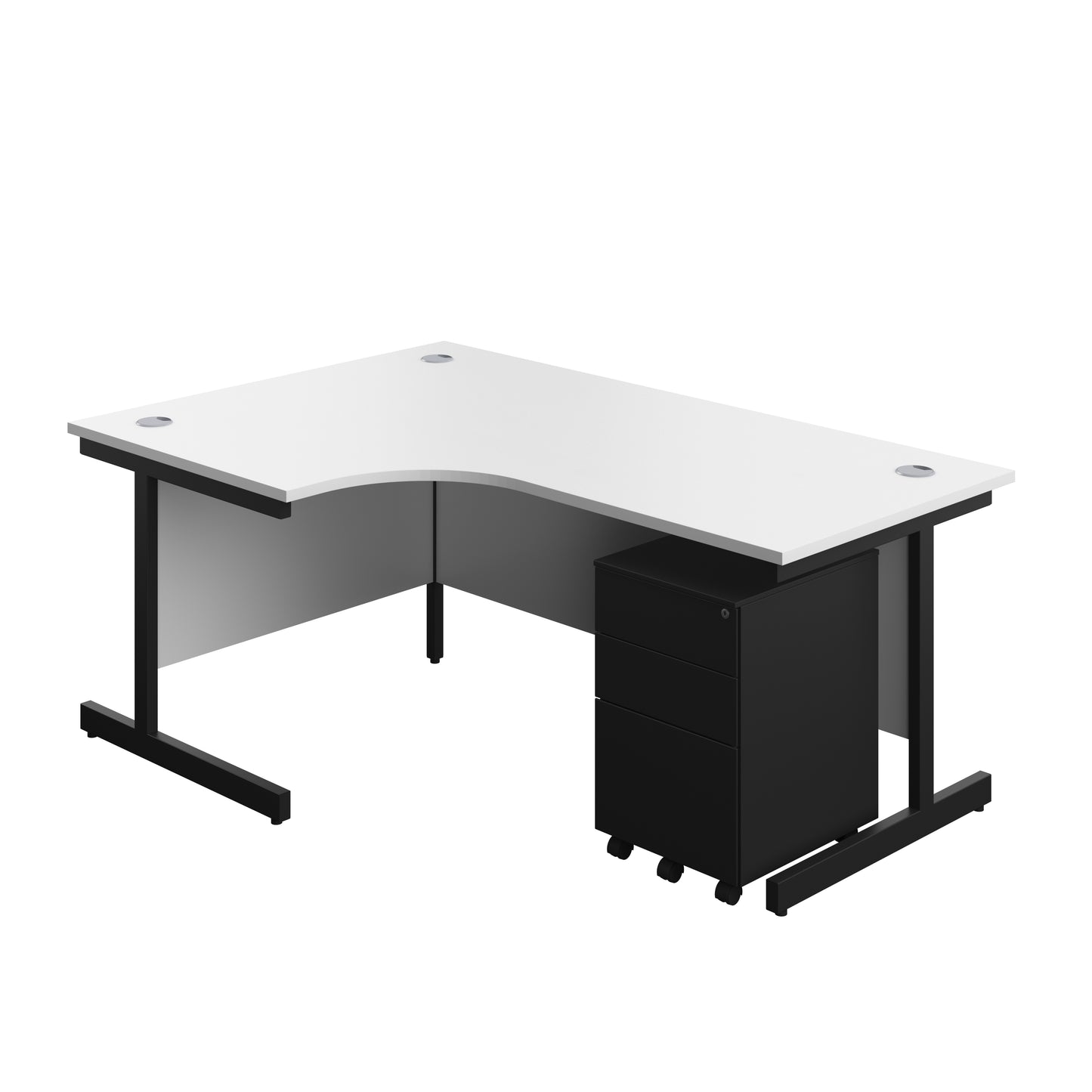 Aztec|Single Upright|Left Hand|Radial Desk with Under Desk Steel Pedestal 3 Drawer|1800x1200|White-Black