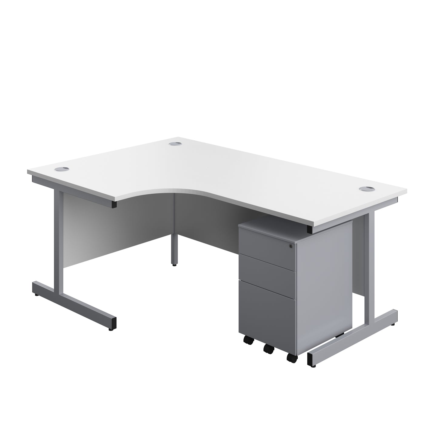 Aztec|Single Upright|Left Hand|Radial Desk with Under Desk Steel Pedestal 3 Drawer|1800x1200|White-Silver