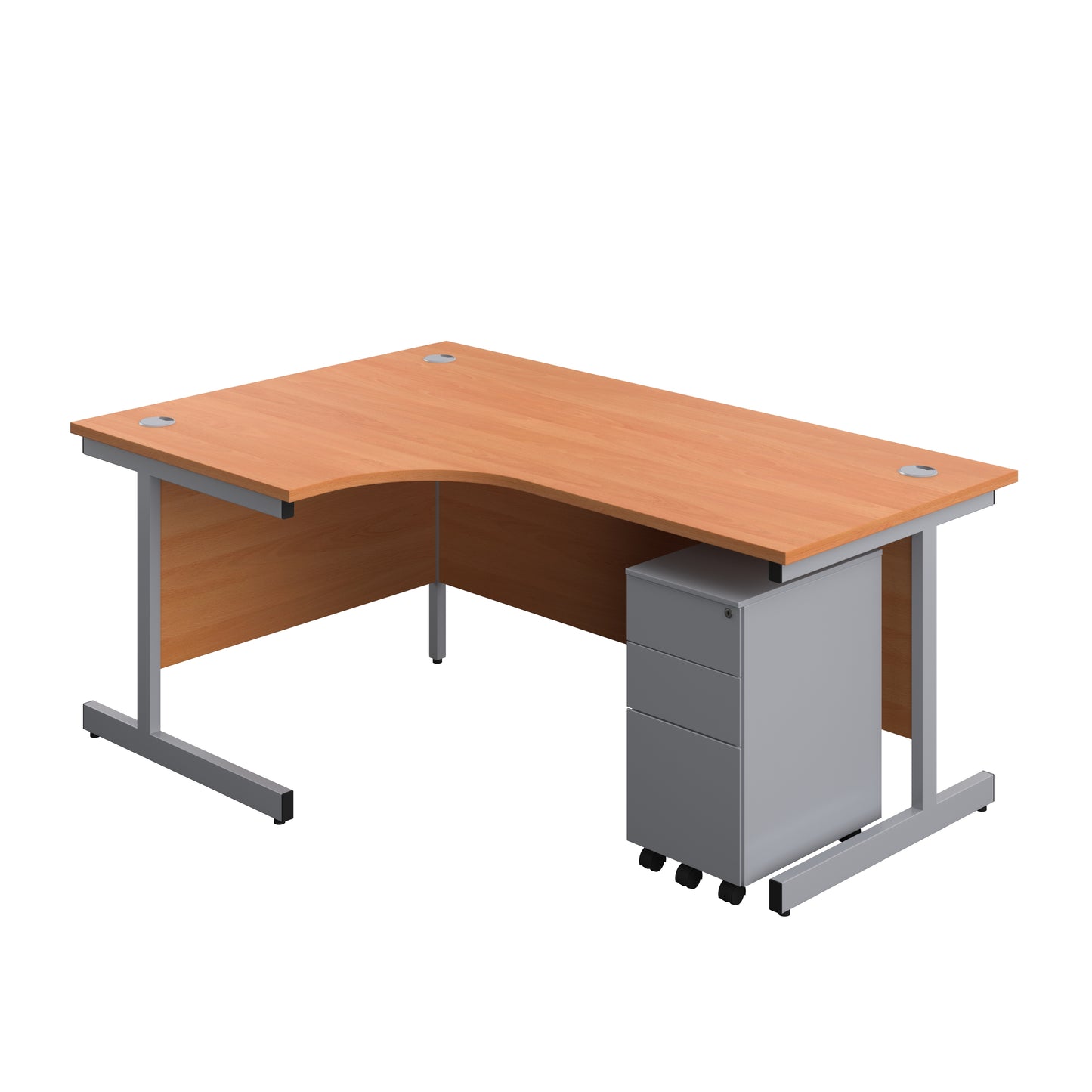 Aztec|Single Upright|Left Hand|Radial Desk with Slimline Steel Pedestal 3 Drawer|1800x1200|Beech-Silver
