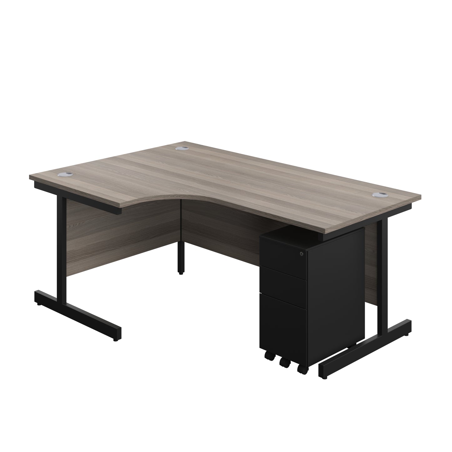 Aztec|Single Upright|Left Hand|Radial Desk with Slimline Steel Pedestal 3 Drawer|1800x1200|Grey Oak-Black