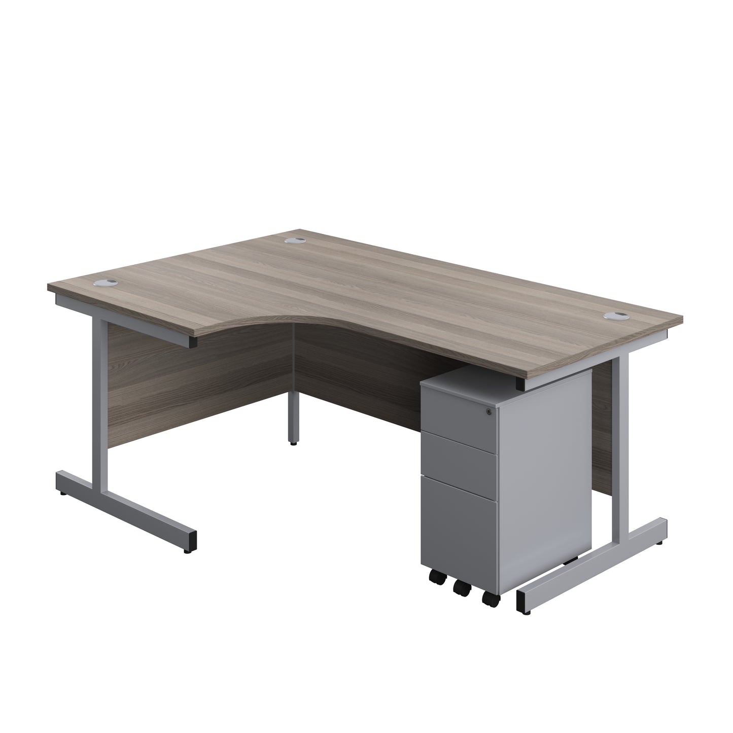 Aztec|Single Upright|Left Hand|Radial Desk with Slimline Steel Pedestal 3 Drawer|1800x1200|Grey Oak-Silver