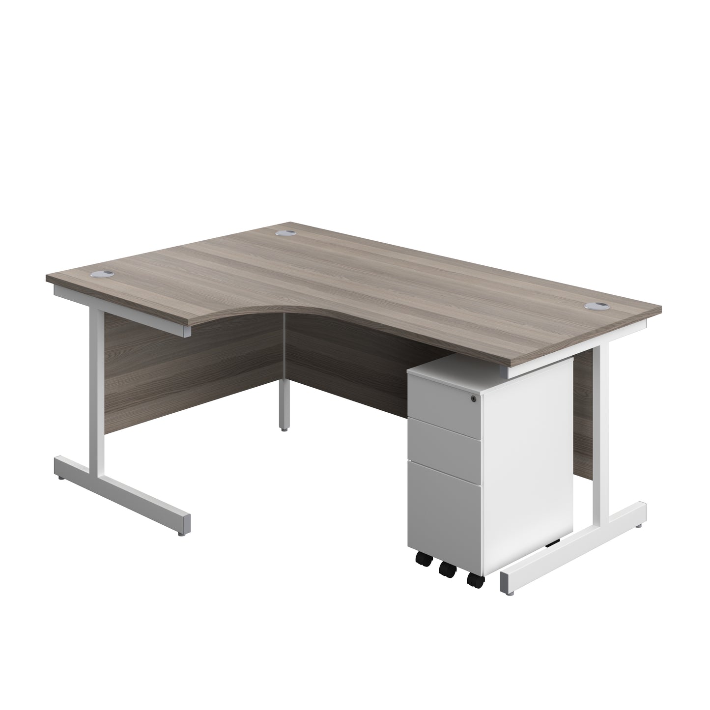 Aztec|Single Upright|Left Hand|Radial Desk with Slimline Steel Pedestal 3 Drawer|1800x1200|Grey Oak-White