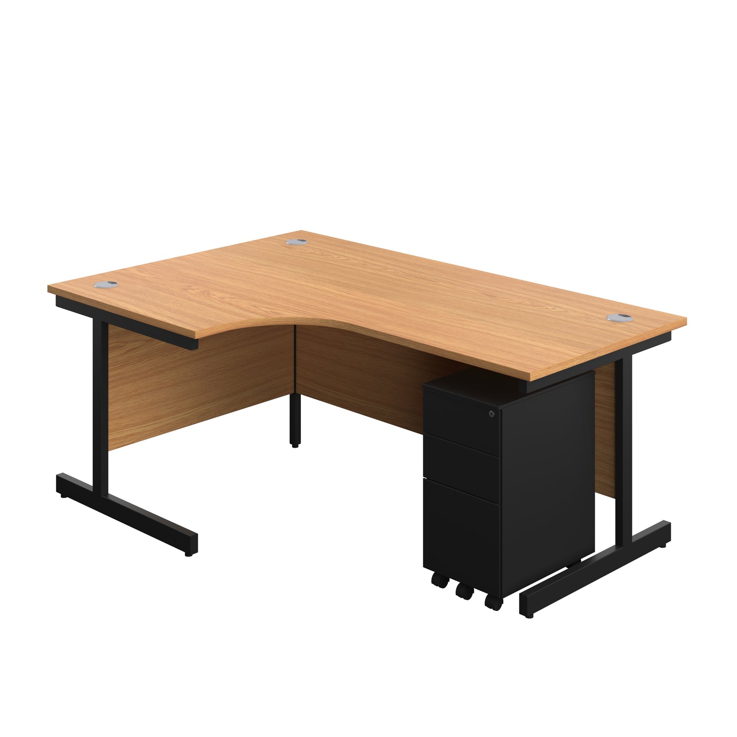 Aztec|Single Upright|Left Hand|Radial Desk with Slimline Steel Pedestal 3 Drawer|1800x1200|Nova Oak-Black
