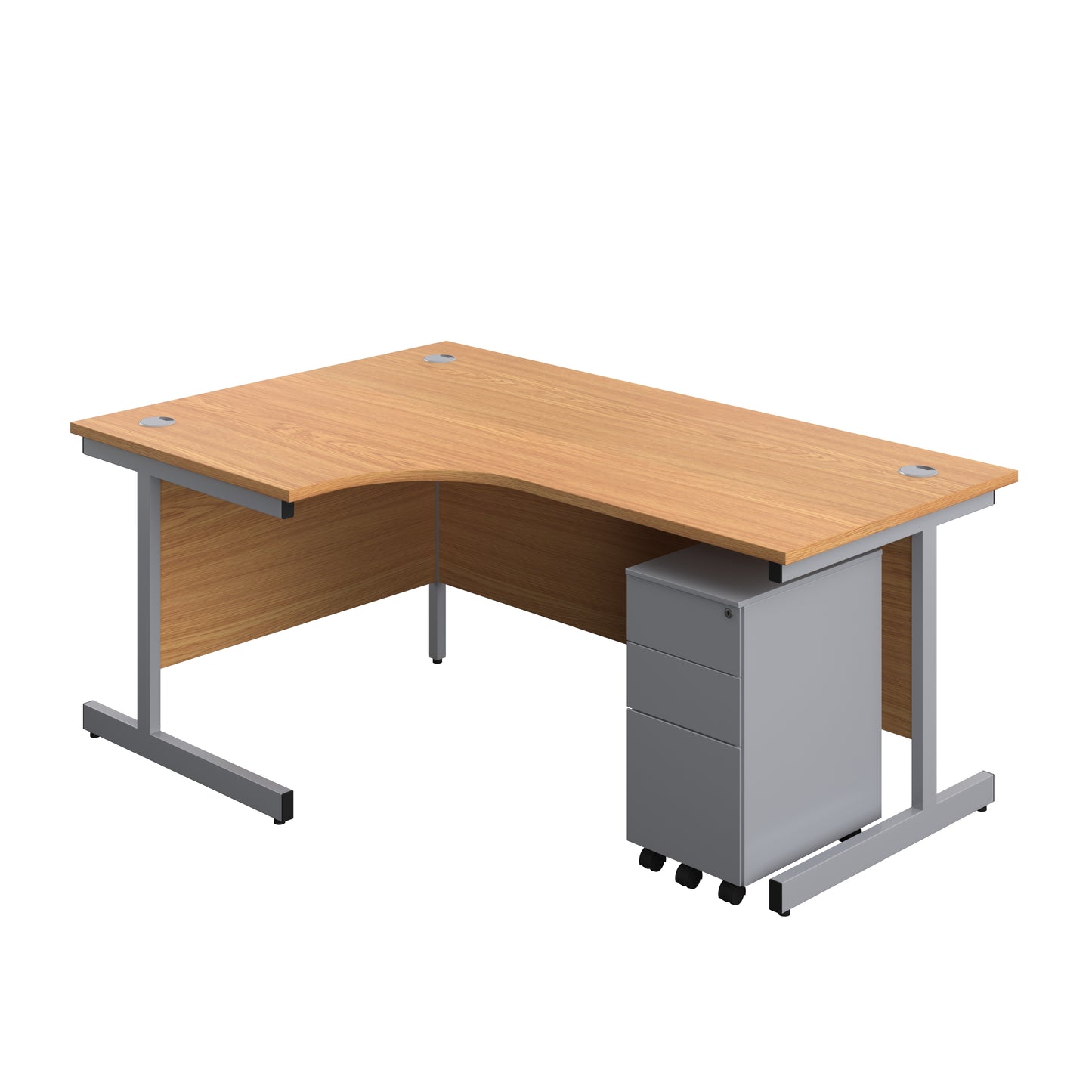 Aztec|Single Upright|Left Hand|Radial Desk with Slimline Steel Pedestal 3 Drawer|1800x1200|Nova Oak-Silver