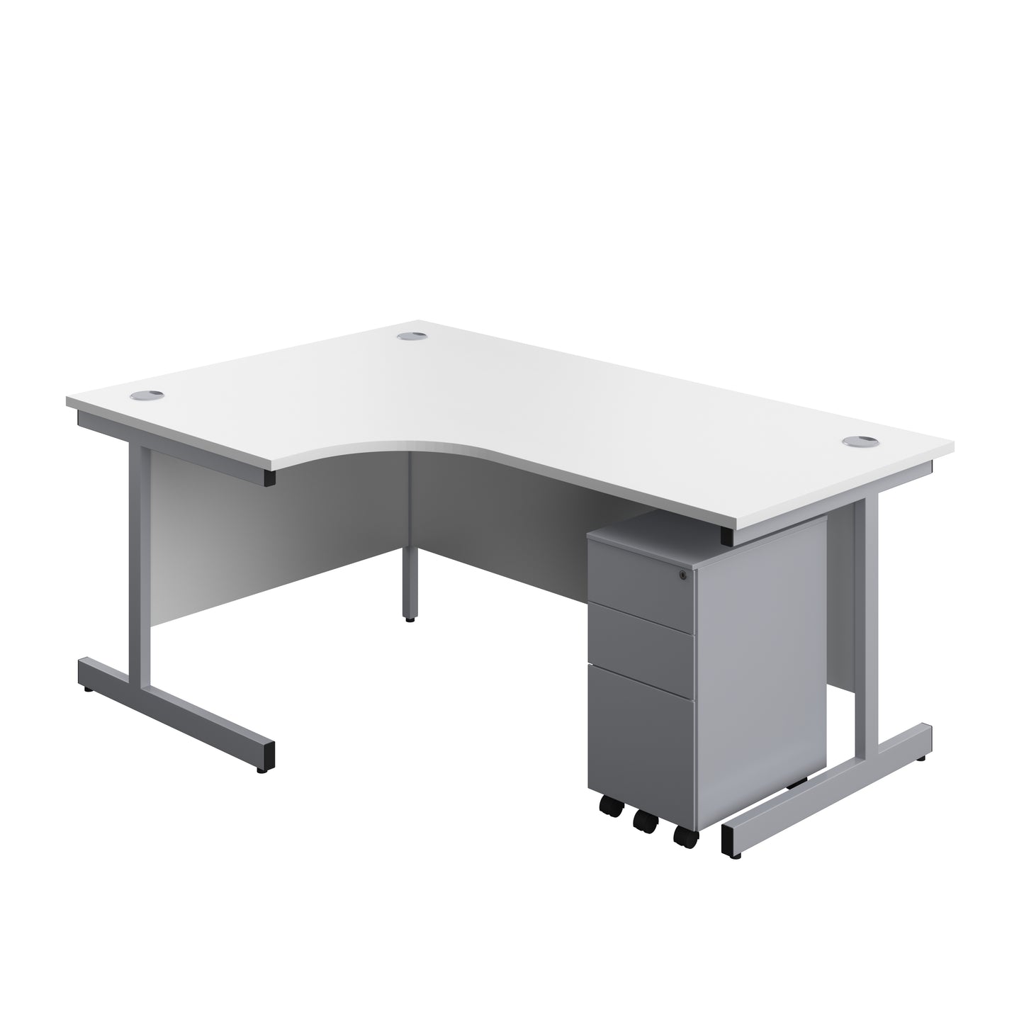 Aztec|Single Upright|Left Hand|Radial Desk with Slimline Steel Pedestal 3 Drawer|1800x1200|White-Silver