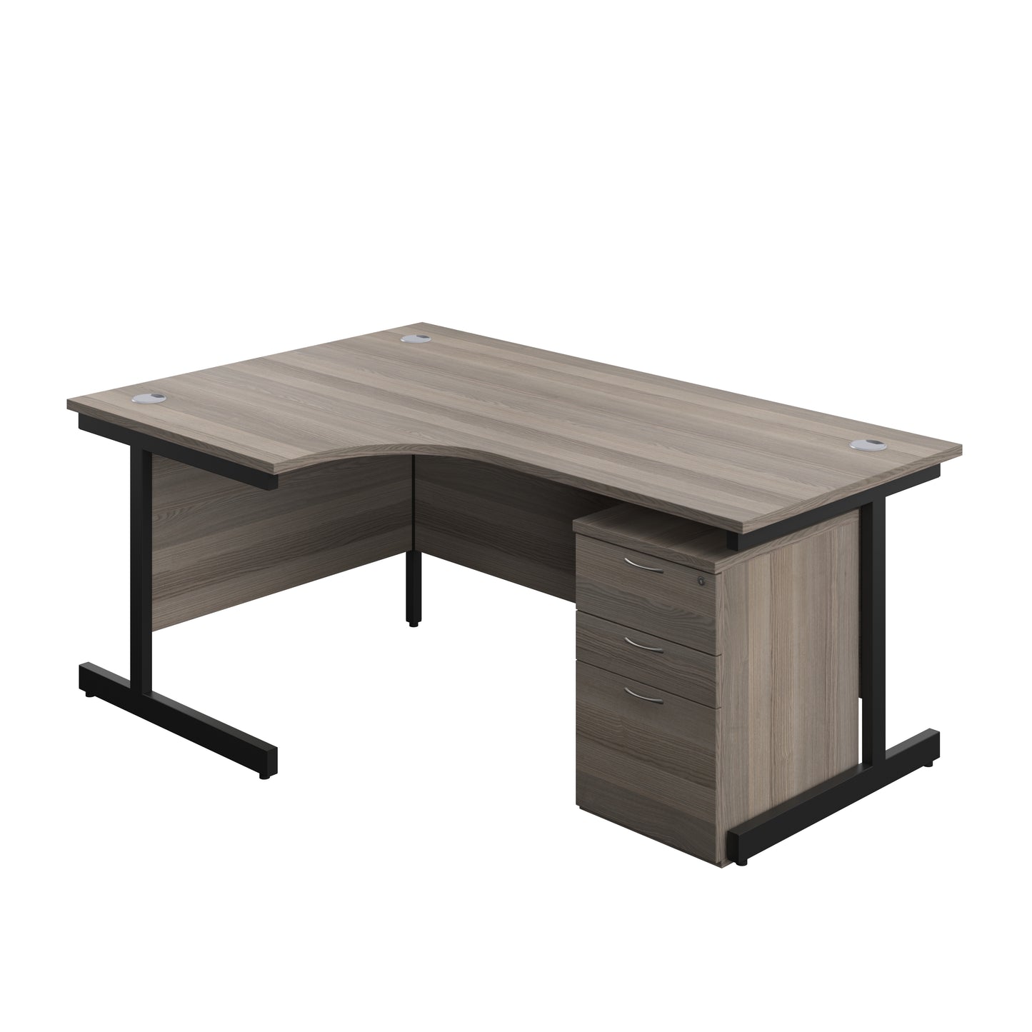 Aztec|Single Upright|Left Hand|Radial Desk with High Mobile Pedestal 3 Drawer|1800x1200|Grey Oak-Black