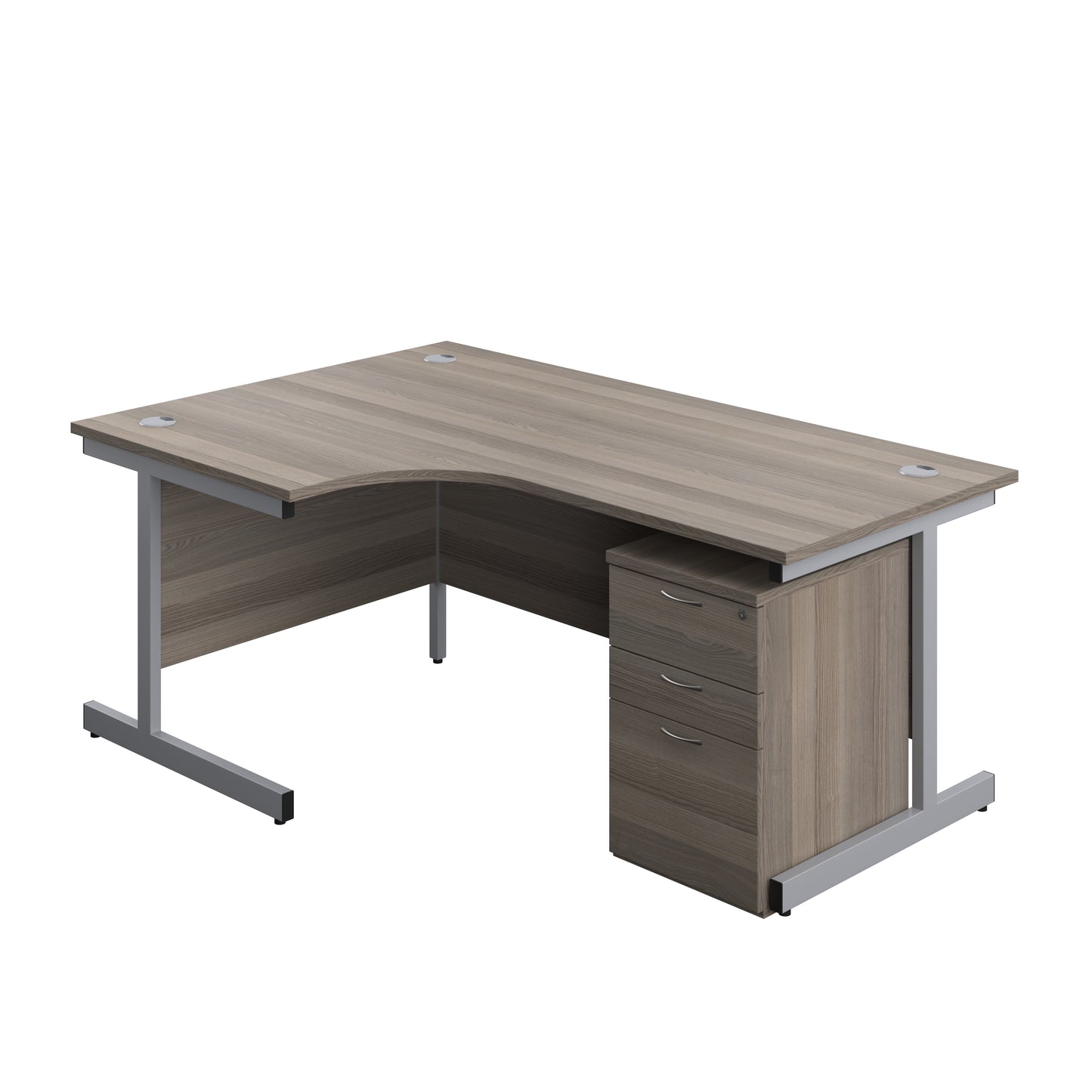 Aztec|Single Upright|Left Hand|Radial Desk with High Mobile Pedestal 3 Drawer|1800x1200|Grey Oak-Silver
