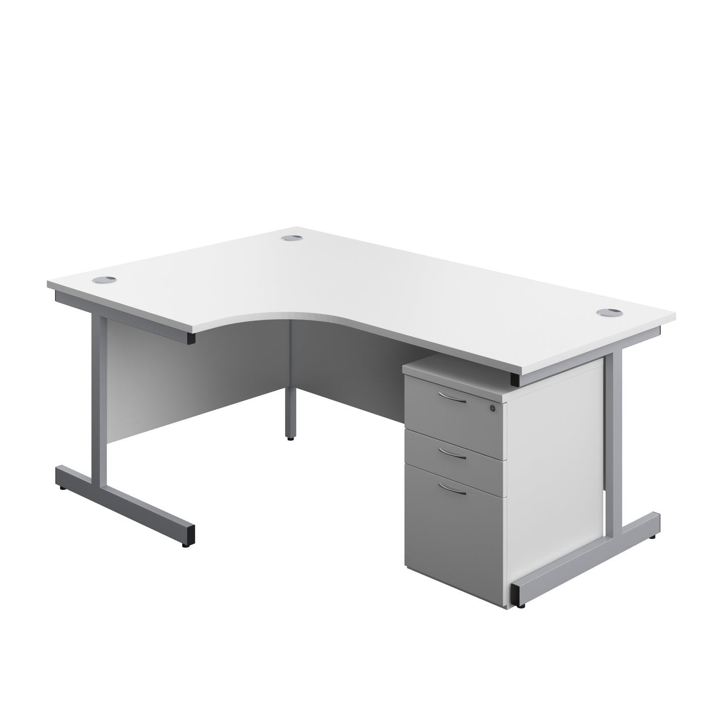Aztec|Single Upright|Left Hand|Radial Desk with High Mobile Pedestal 3 Drawer|1800x1200|White-Silver