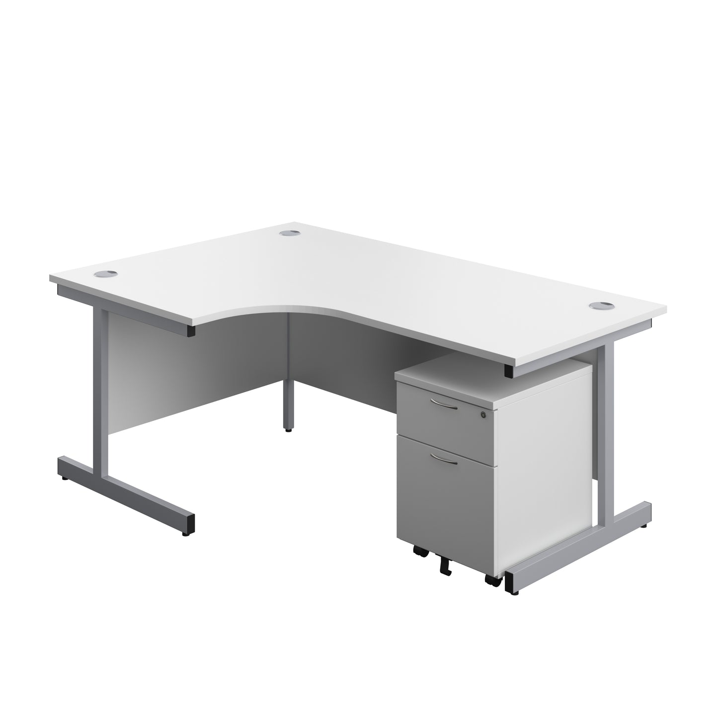 Aztec|Single Upright|Left Hand|Radial Desk with 2 Drawer Mobile Pedestal|1800x1200|White-Silver