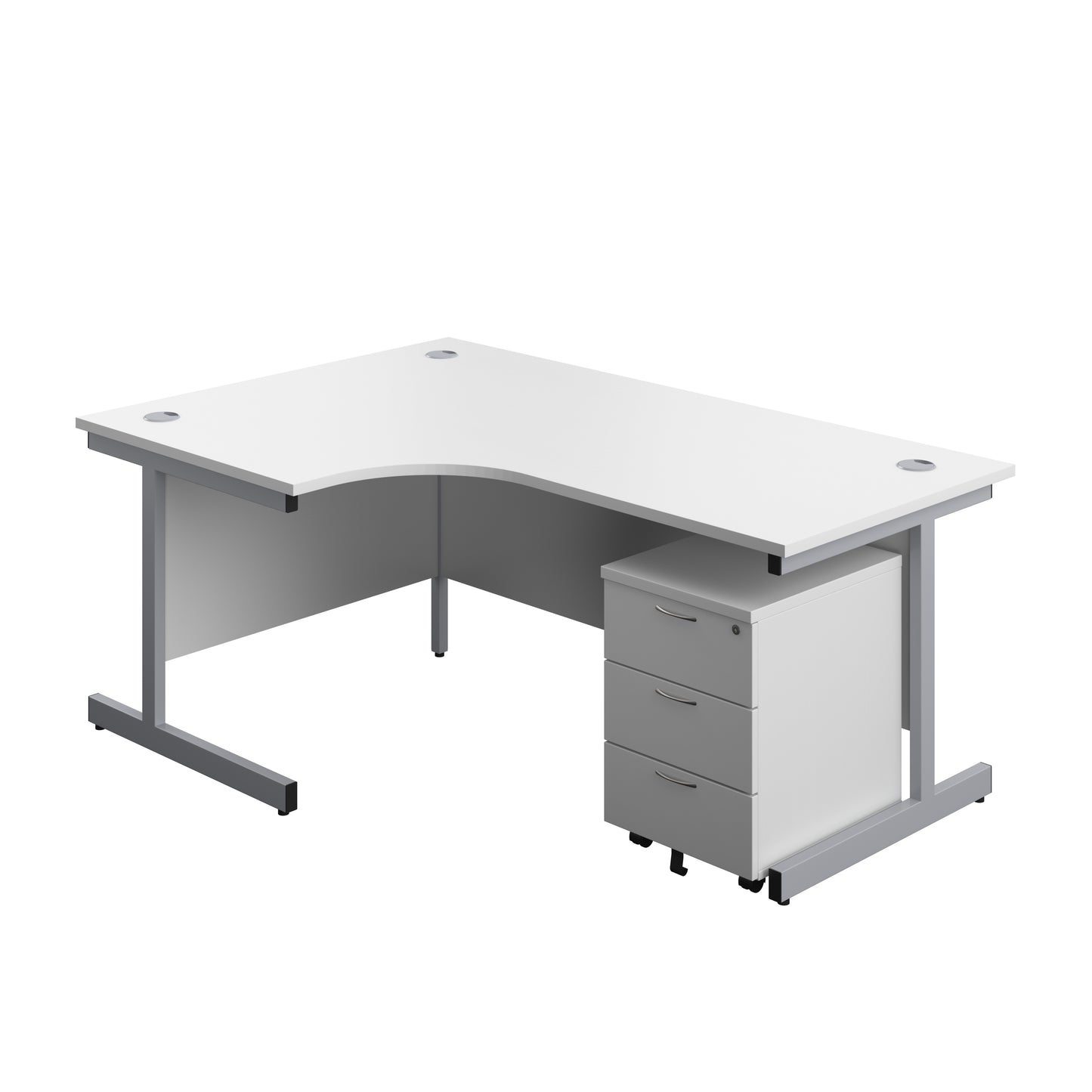 Aztec|Single Upright|Left Hand|Radial Desk with 3 Drawer Mobile Pedestal|1800x1200|White-Silver
