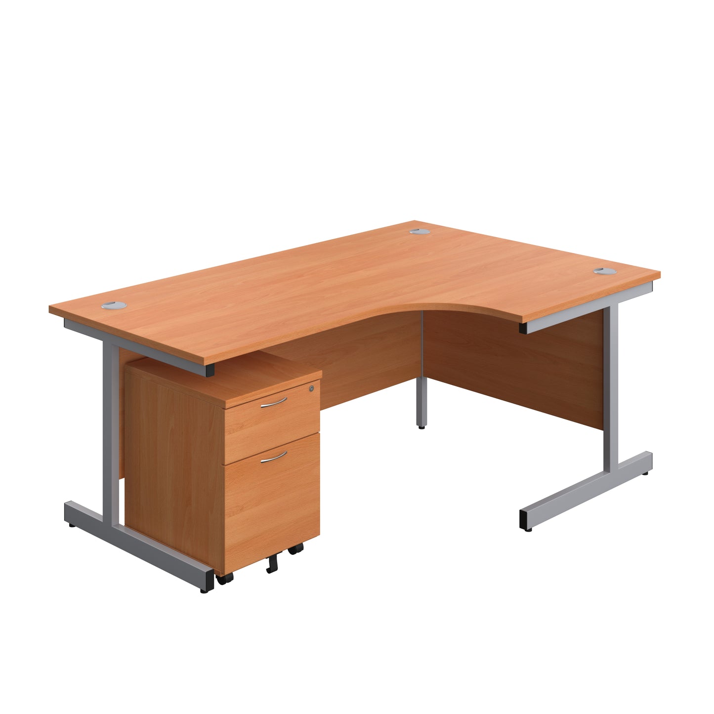 Aztec|Single Upright|Right Hand|Radial Desk with 2 Drawer Mobile Pedestal|1800x1200|Beech-Silver