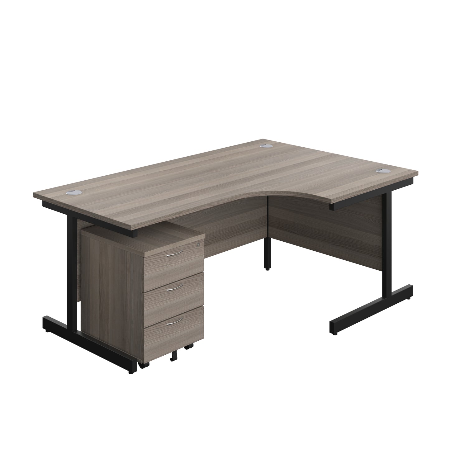 Aztec|Single Upright|Right Hand|Radial Desk with 3 Drawer Mobile Pedestal|1800x1200|Grey Oak-Black