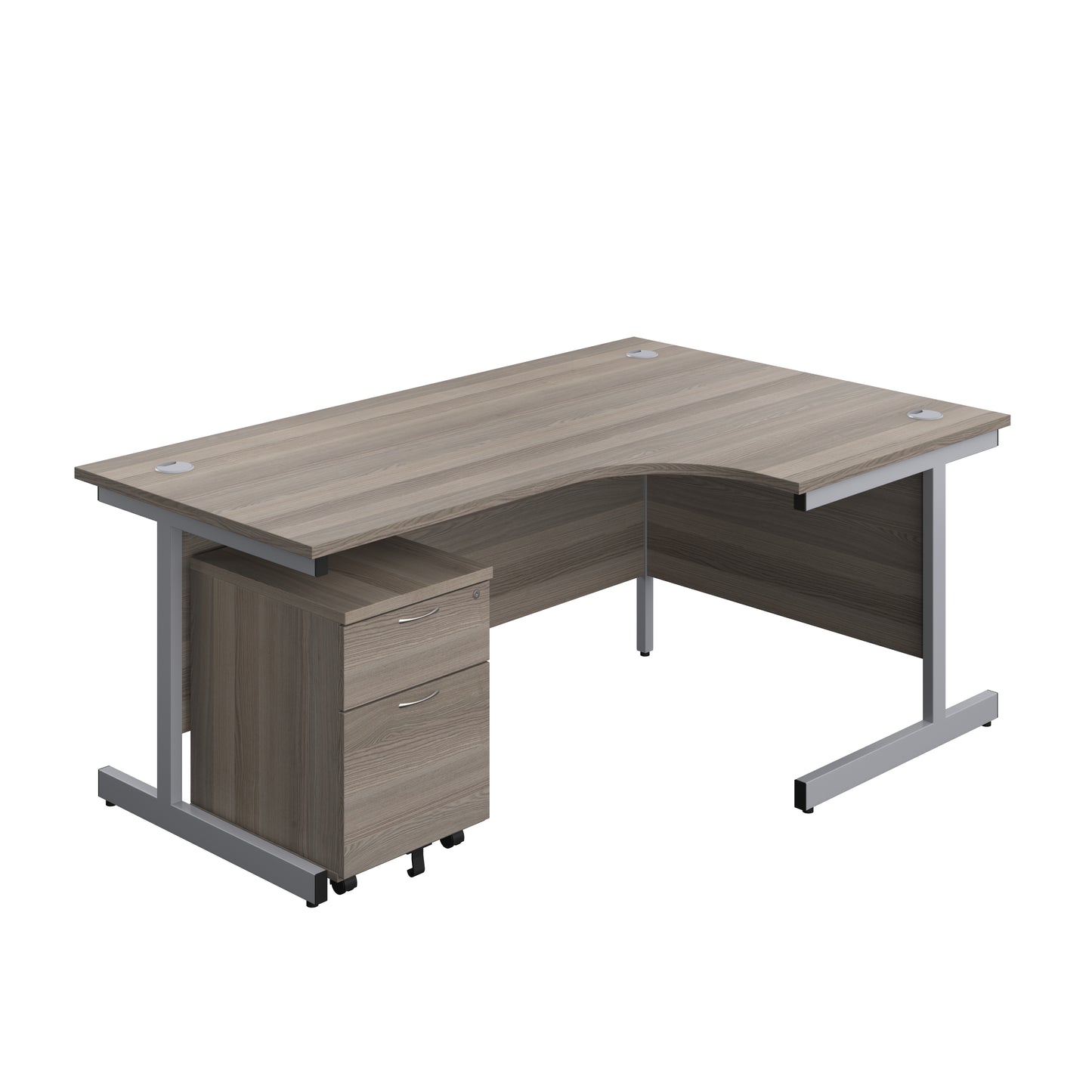 Aztec|Single Upright|Right Hand|Radial Desk with 2 Drawer Mobile Pedestal|1800x1200|Grey Oak-Silver