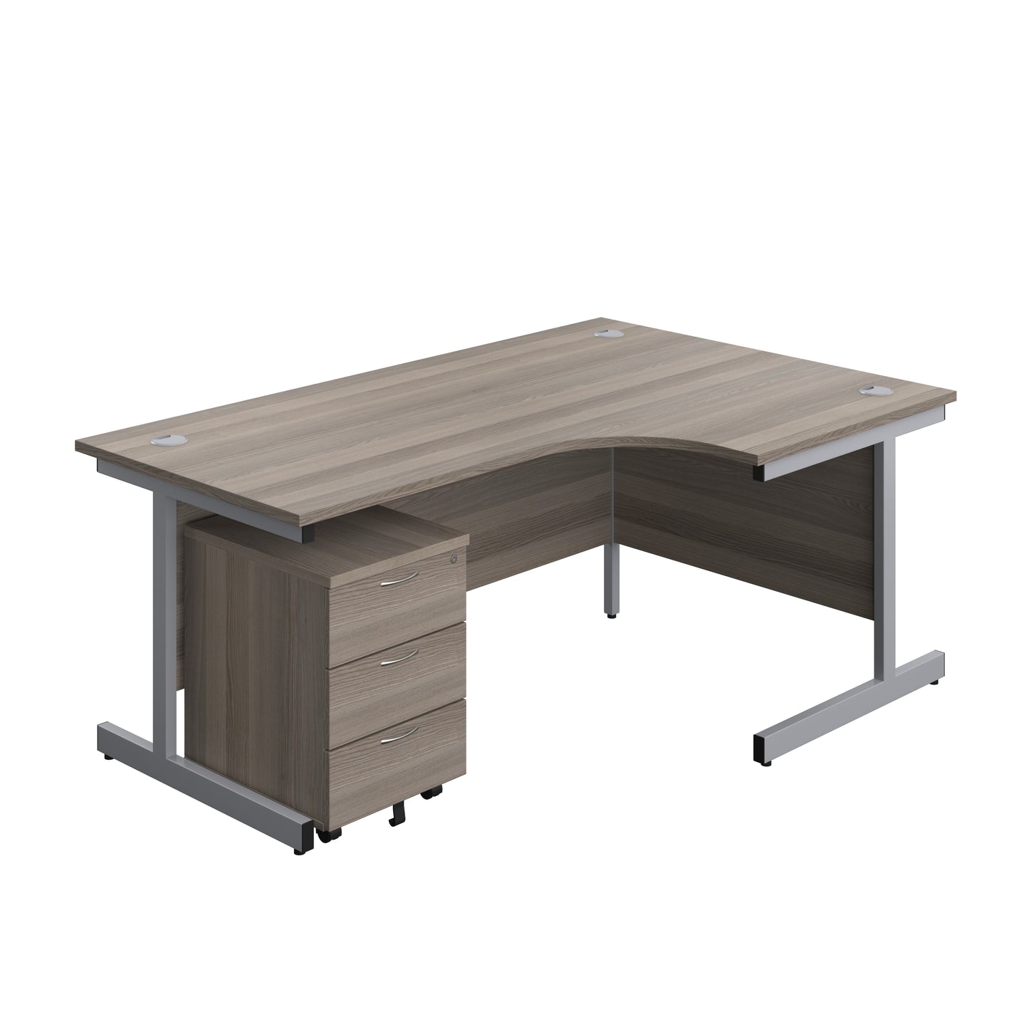 Aztec|Single Upright|Right Hand|Radial Desk with 3 Drawer Mobile Pedestal|1800x1200|Grey Oak-Silver
