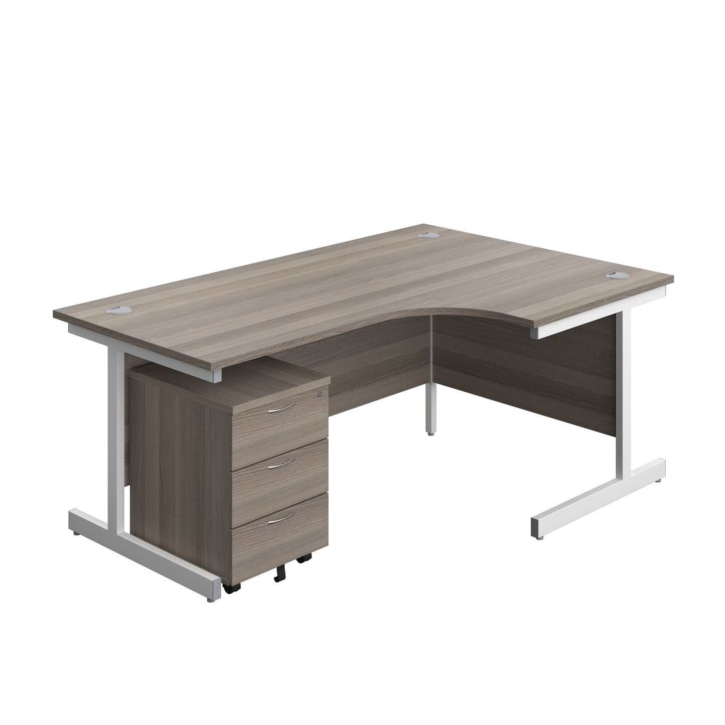 Aztec|Single Upright|Right Hand|Radial Desk with 3 Drawer Mobile Pedestal|1800x1200|Grey Oak-White