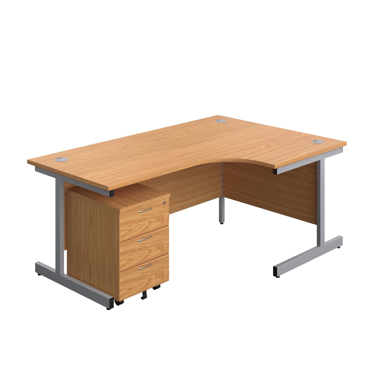 Aztec|Single Upright|Right Hand|Radial Desk with 3 Drawer Mobile Pedestal|1800x1200|Nova Oak-Silver