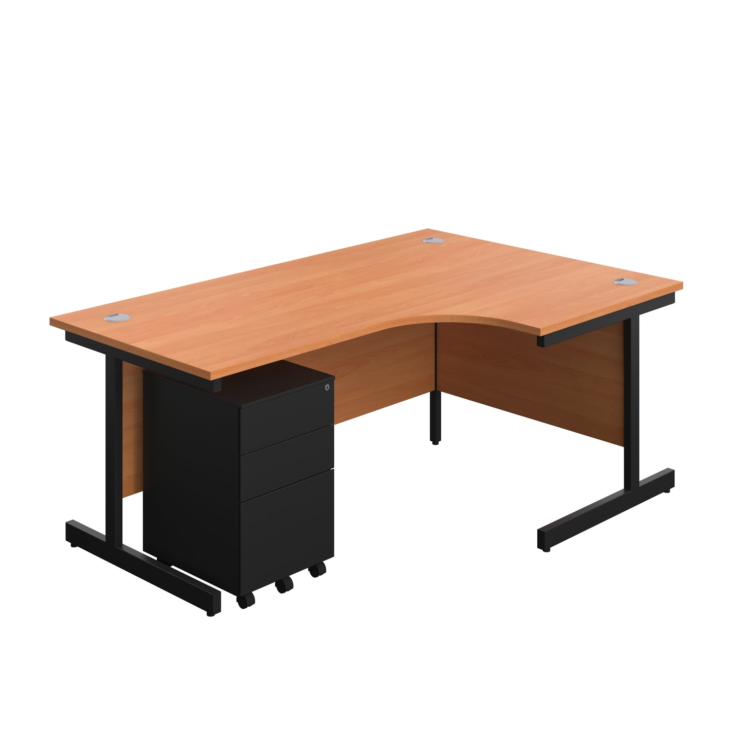 Aztec|Single Upright|Right Hand|Radial Desk with Under Desk Steel Pedestal 3 Drawer|1800x1200|Beech-Black