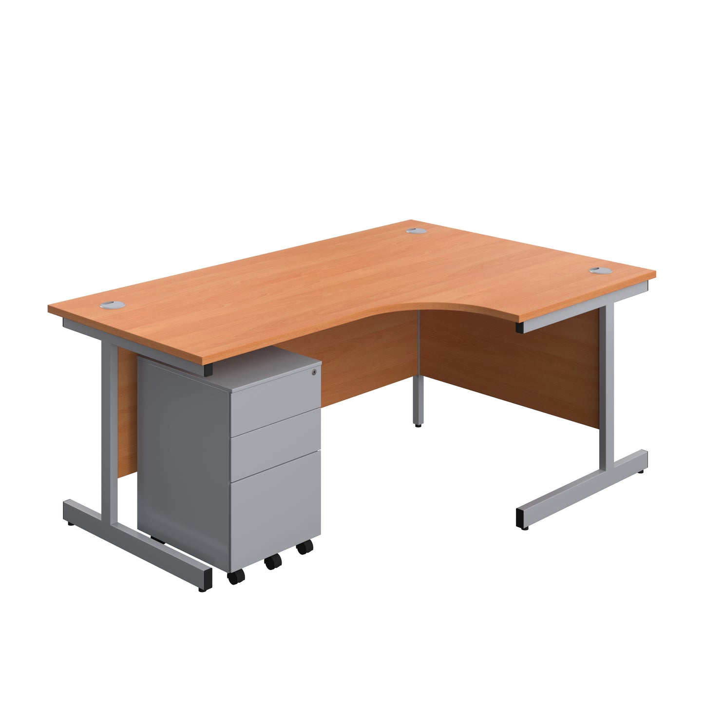 Aztec|Single Upright|Right Hand|Radial Desk with Under Desk Steel Pedestal 3 Drawer|1800x1200|Beech-Silver