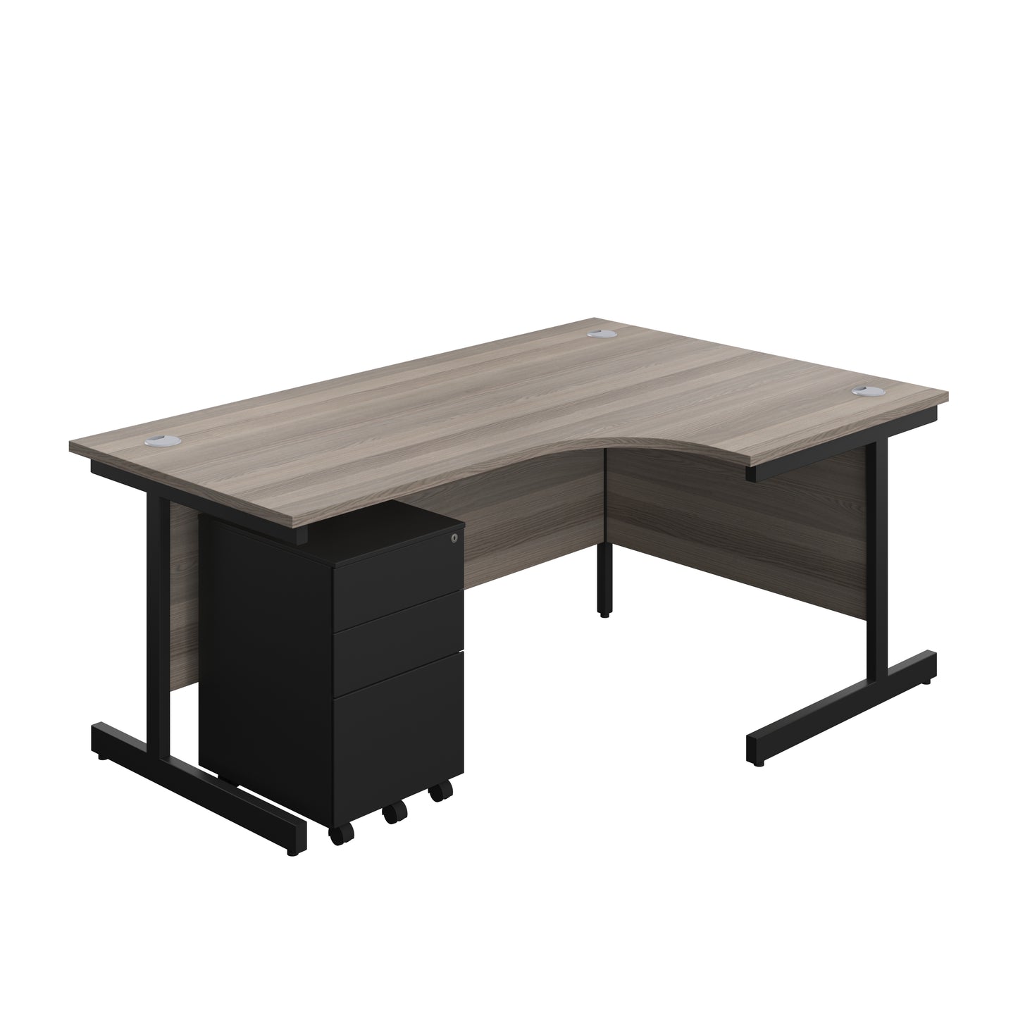 Aztec|Single Upright|Right Hand|Radial Desk with Under Desk Steel Pedestal 3 Drawer|1800x1200|Grey Oak-Black