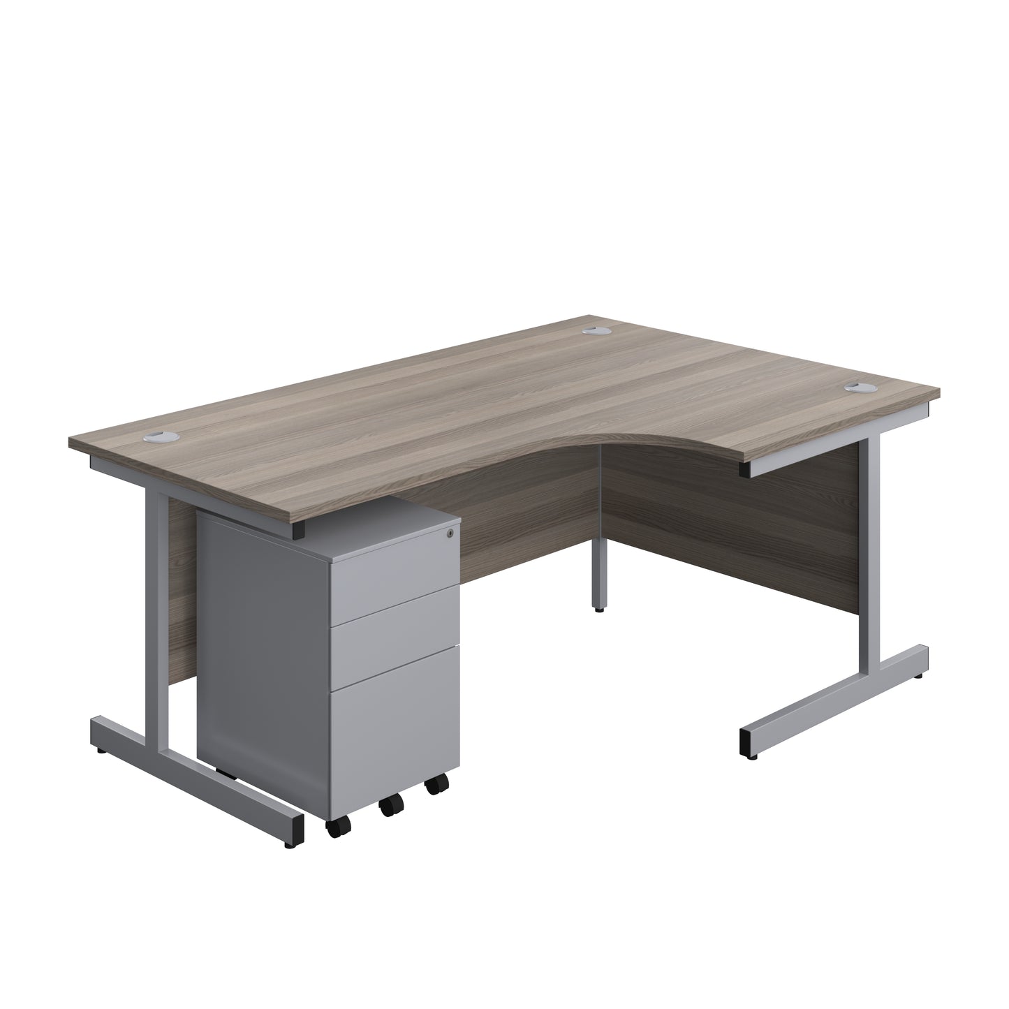 Aztec|Single Upright|Right Hand|Radial Desk with Under Desk Steel Pedestal 3 Drawer|1800x1200|Grey Oak-Silver
