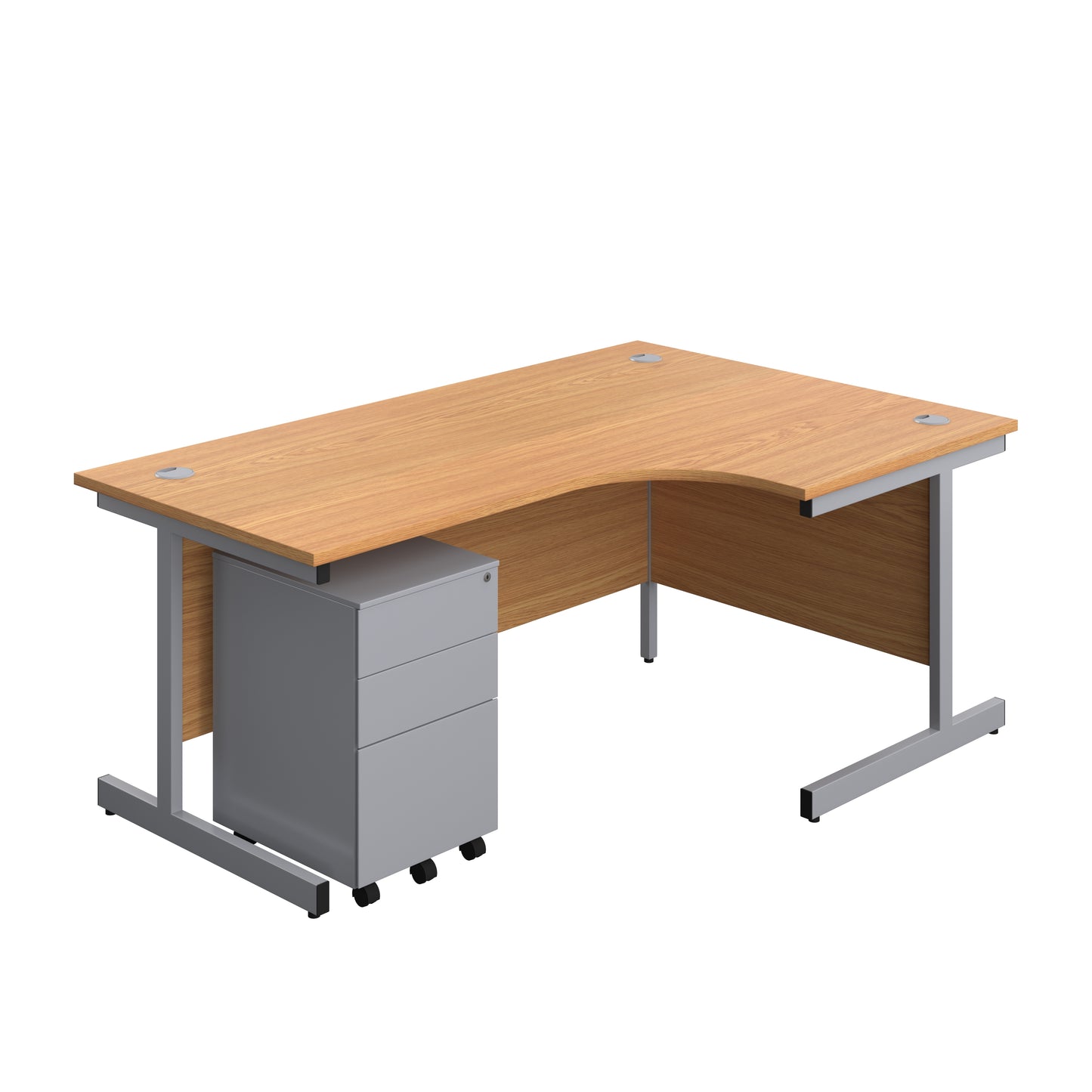 Aztec|Single Upright|Right Hand|Radial Desk with Under Desk Steel Pedestal 3 Drawer|1800x1200|Nova Oak-Silver