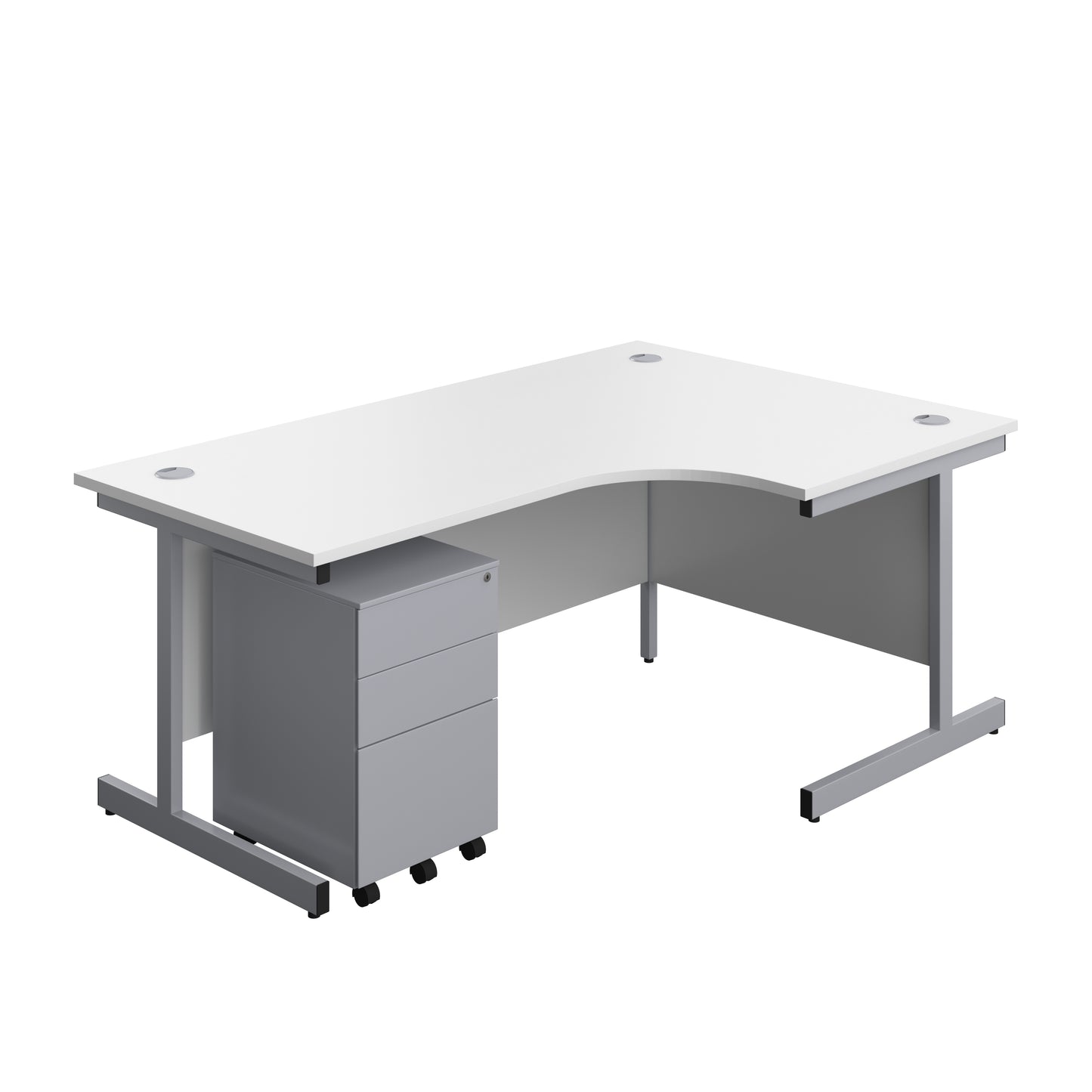 Aztec|Single Upright|Right Hand|Radial Desk with Under Desk Steel Pedestal 3 Drawer|1800x1200|White-Silver