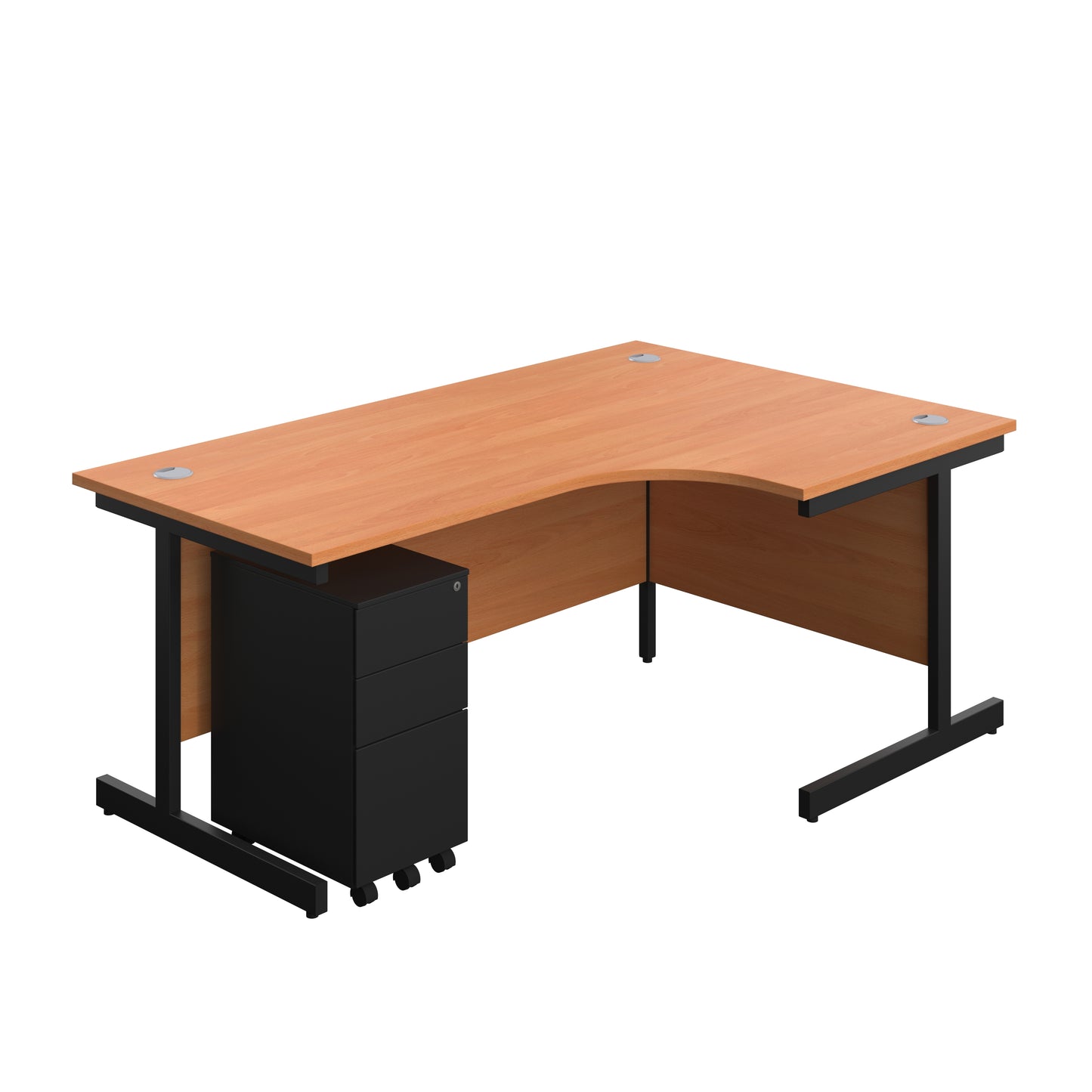 Aztec|Single Upright|Right Hand|Radial Desk with Slimline Steel Pedestal 3 Drawer|1800x1200|Beech-Black
