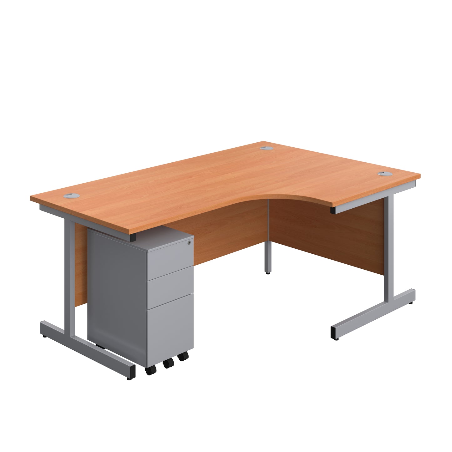 Aztec|Single Upright|Right Hand|Radial Desk with Slimline Steel Pedestal 3 Drawer|1800x1200|Beech-Silver