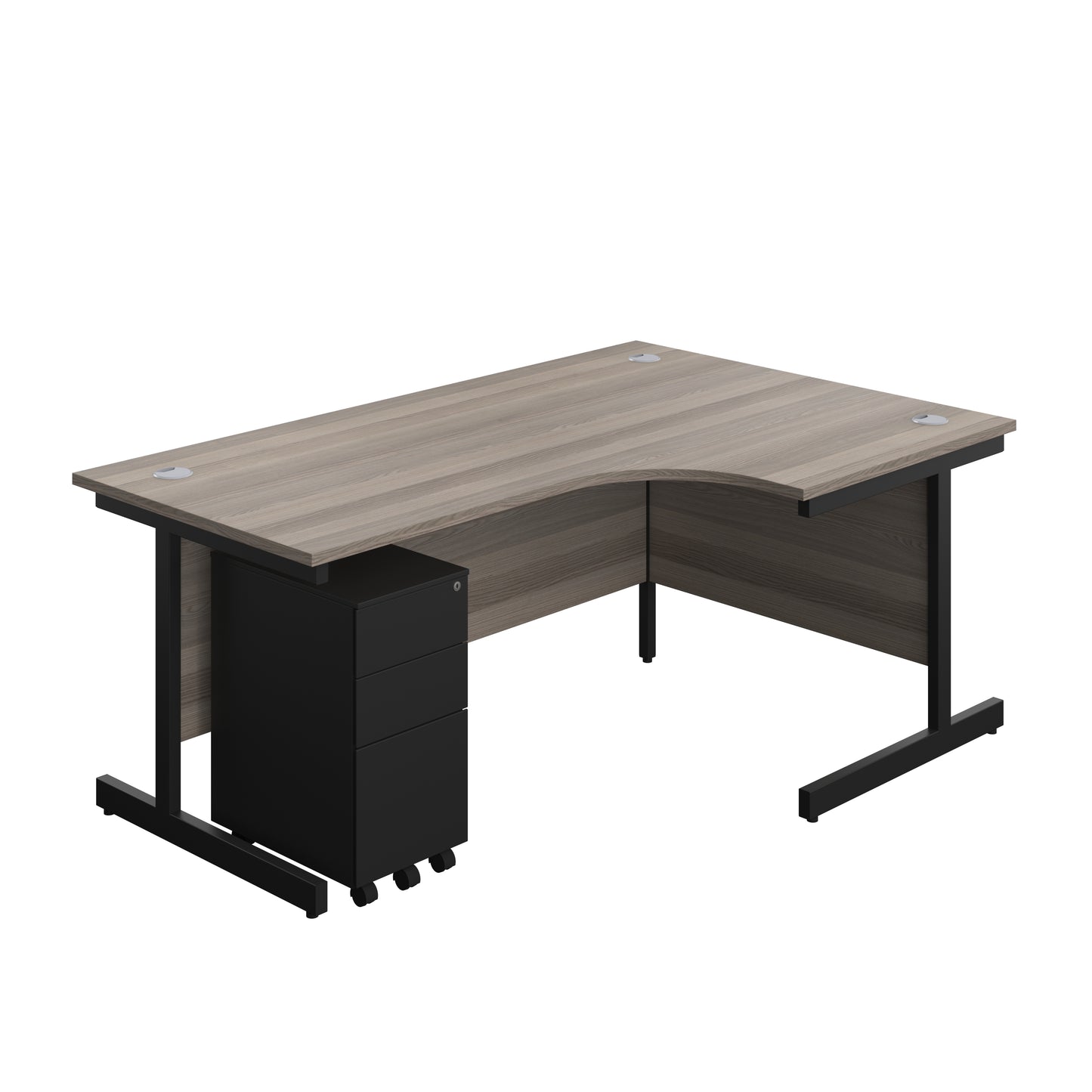 Aztec|Single Upright|Right Hand|Radial Desk with Slimline Steel Pedestal 3 Drawer|1800x1200|Grey Oak-Black