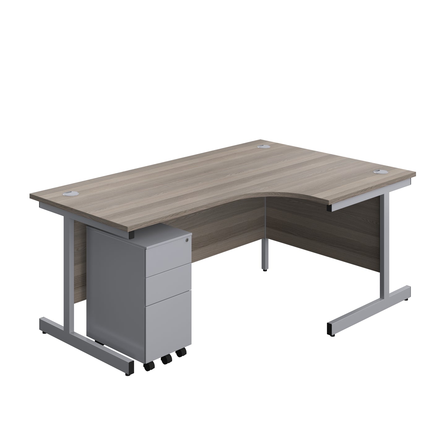 Aztec|Single Upright|Right Hand|Radial Desk with Slimline Steel Pedestal 3 Drawer|1800x1200|Grey Oak-Silver