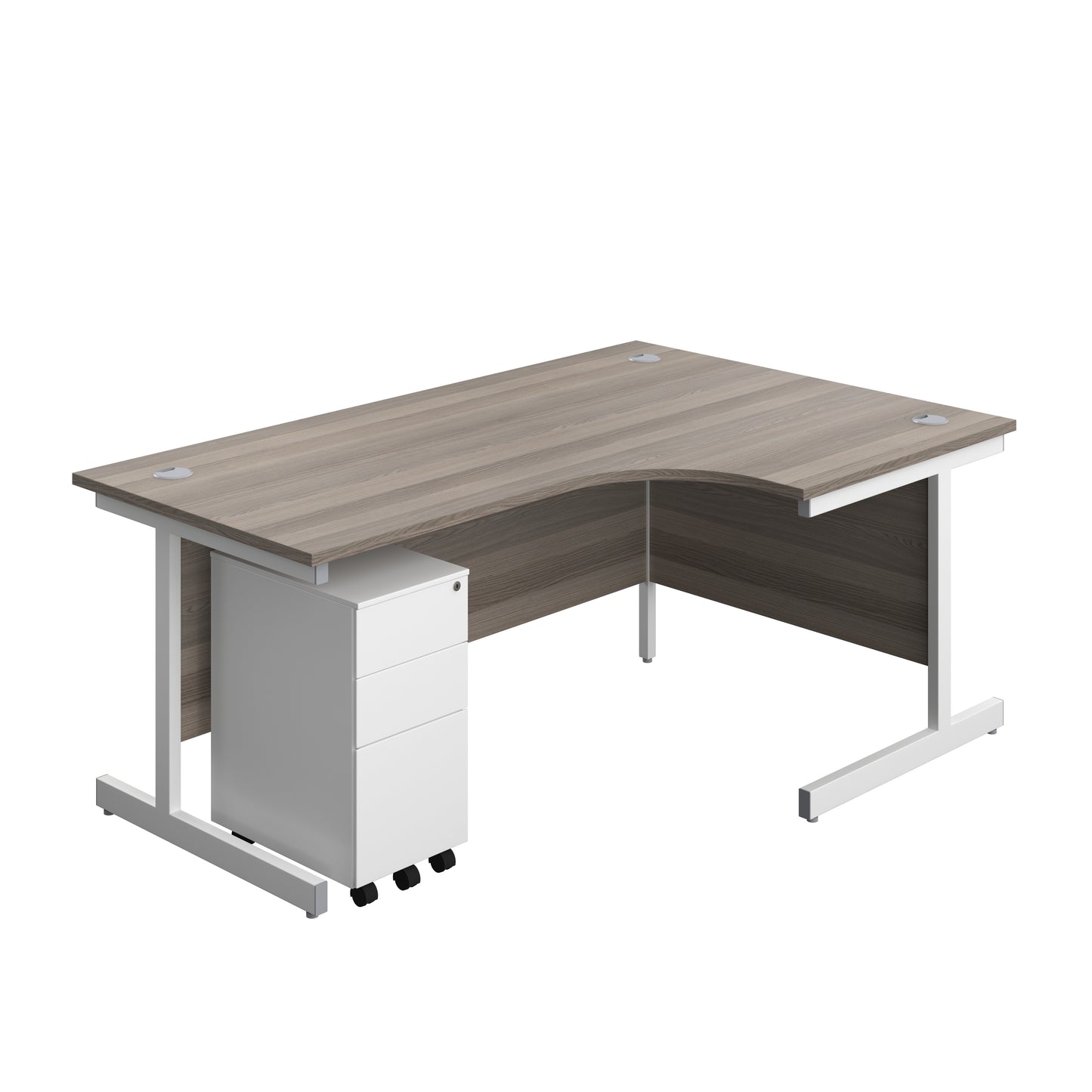 Aztec|Single Upright|Right Hand|Radial Desk with Slimline Steel Pedestal 3 Drawer|1800x1200|Grey Oak-White