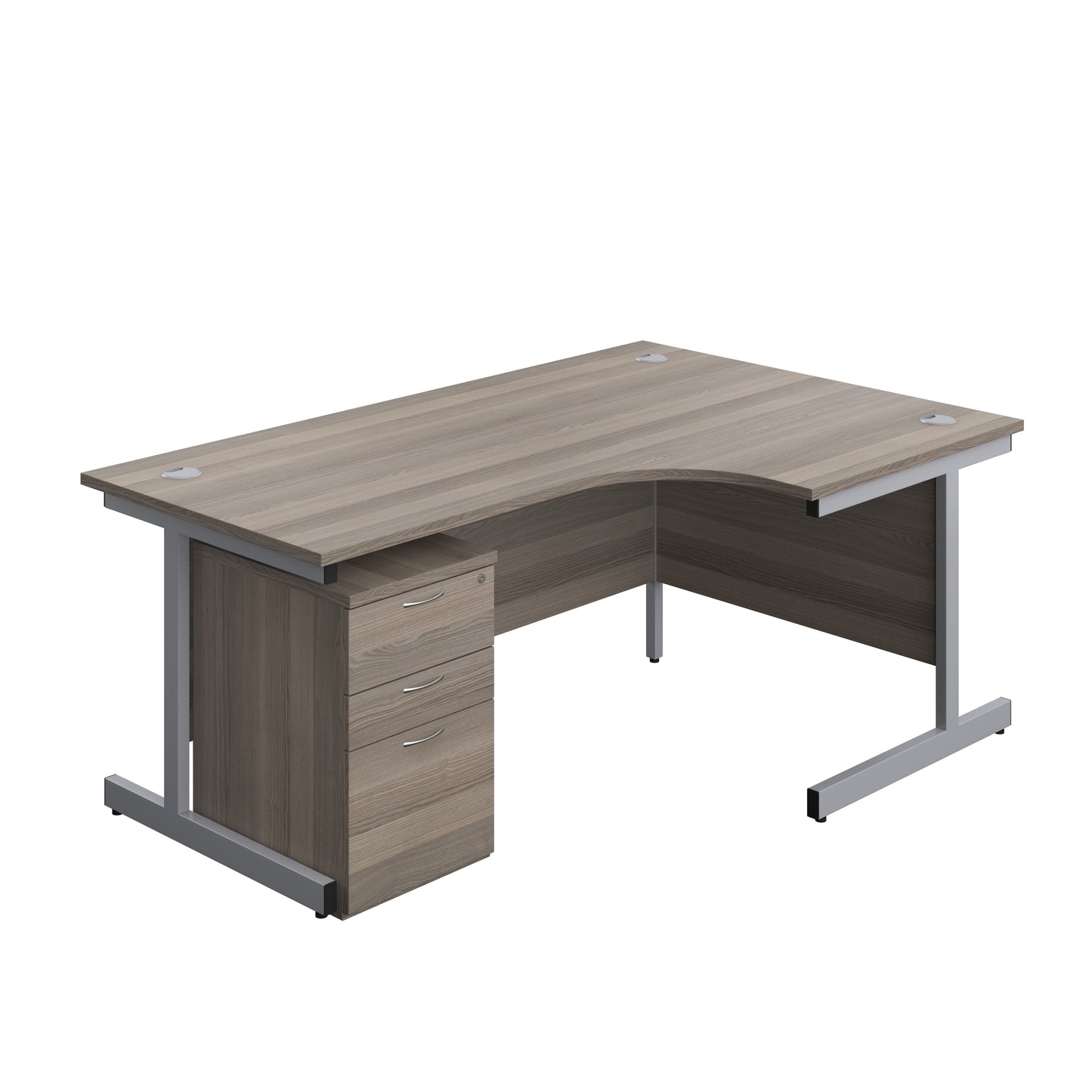 Aztec|Single Upright|Right Hand|Radial Desk with High Mobile Pedestal 3 Drawer|1800x1200|Grey Oak-Silver