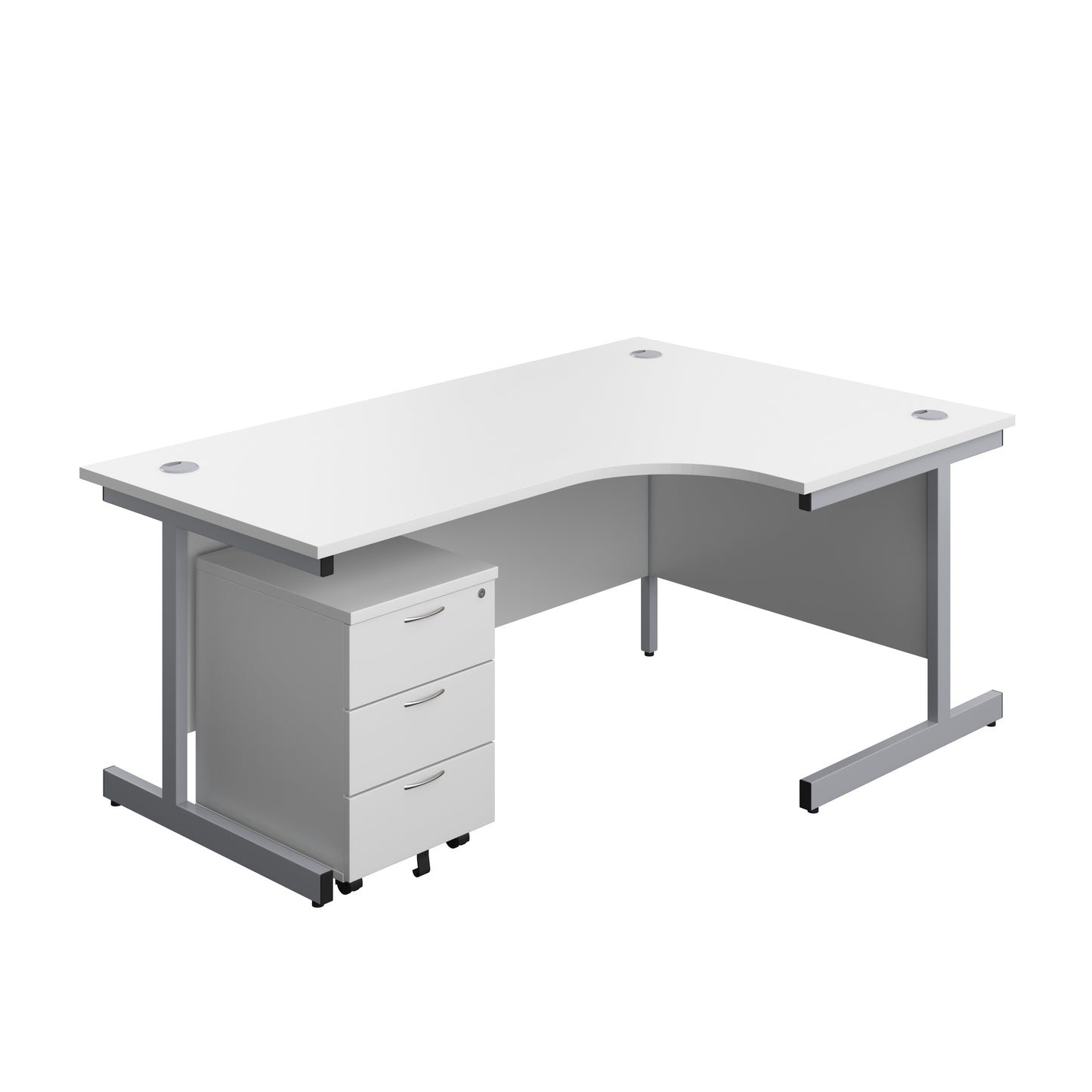 Aztec|Single Upright|Right Hand|Radial Desk with 3 Drawer Mobile Pedestal|1800x1200|White-Silver