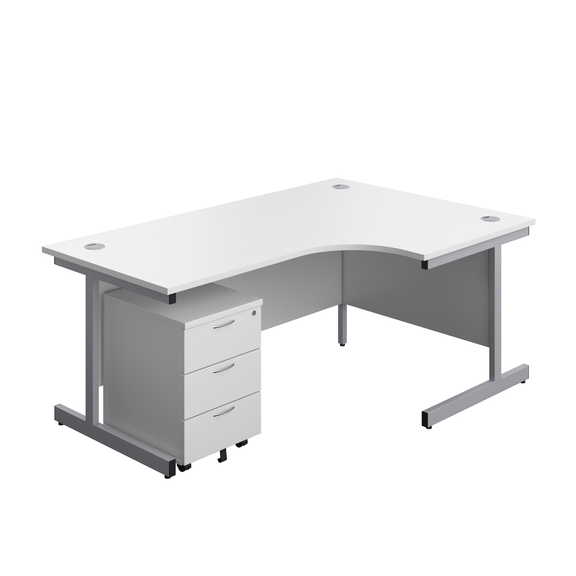 Aztec|Single Upright|Right Hand|Radial Desk with 3 Drawer Mobile Pedestal|1800x1200|White-Silver