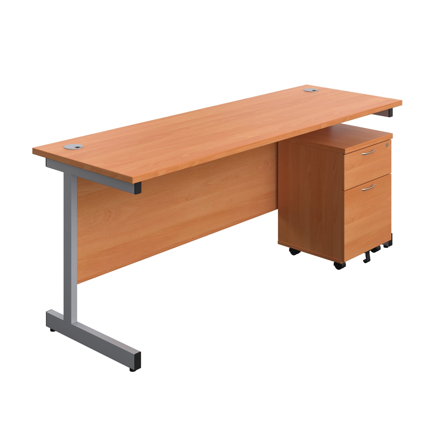 Aztec|Single Upright|Rectangular|Desk with 2 Drawer Mobile Pedestal|1800x600|Beech-Silver