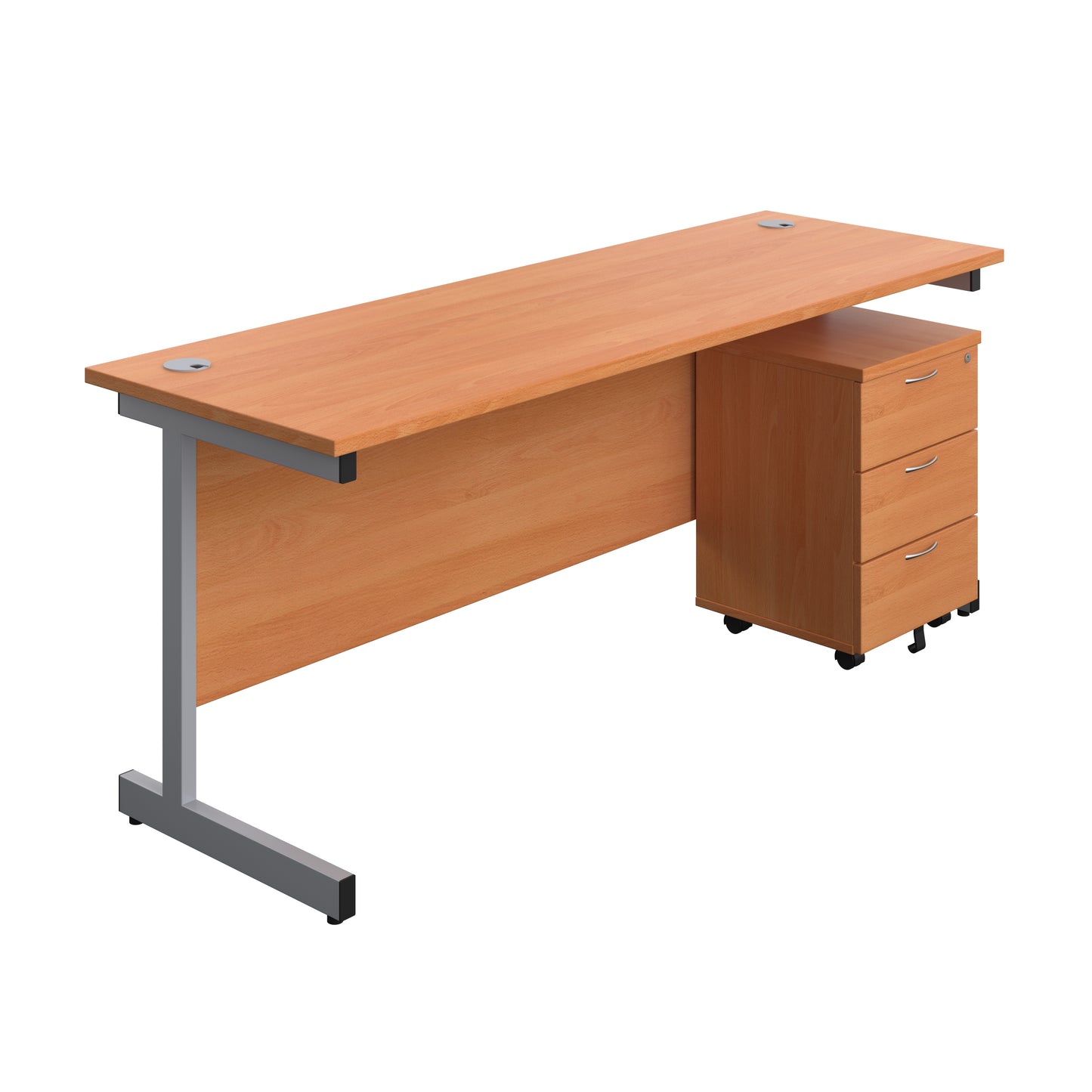 Aztec|Single Upright|Rectangular|Desk with 3 Drawer Mobile Pedestal|1800x600|Beech-Silver
