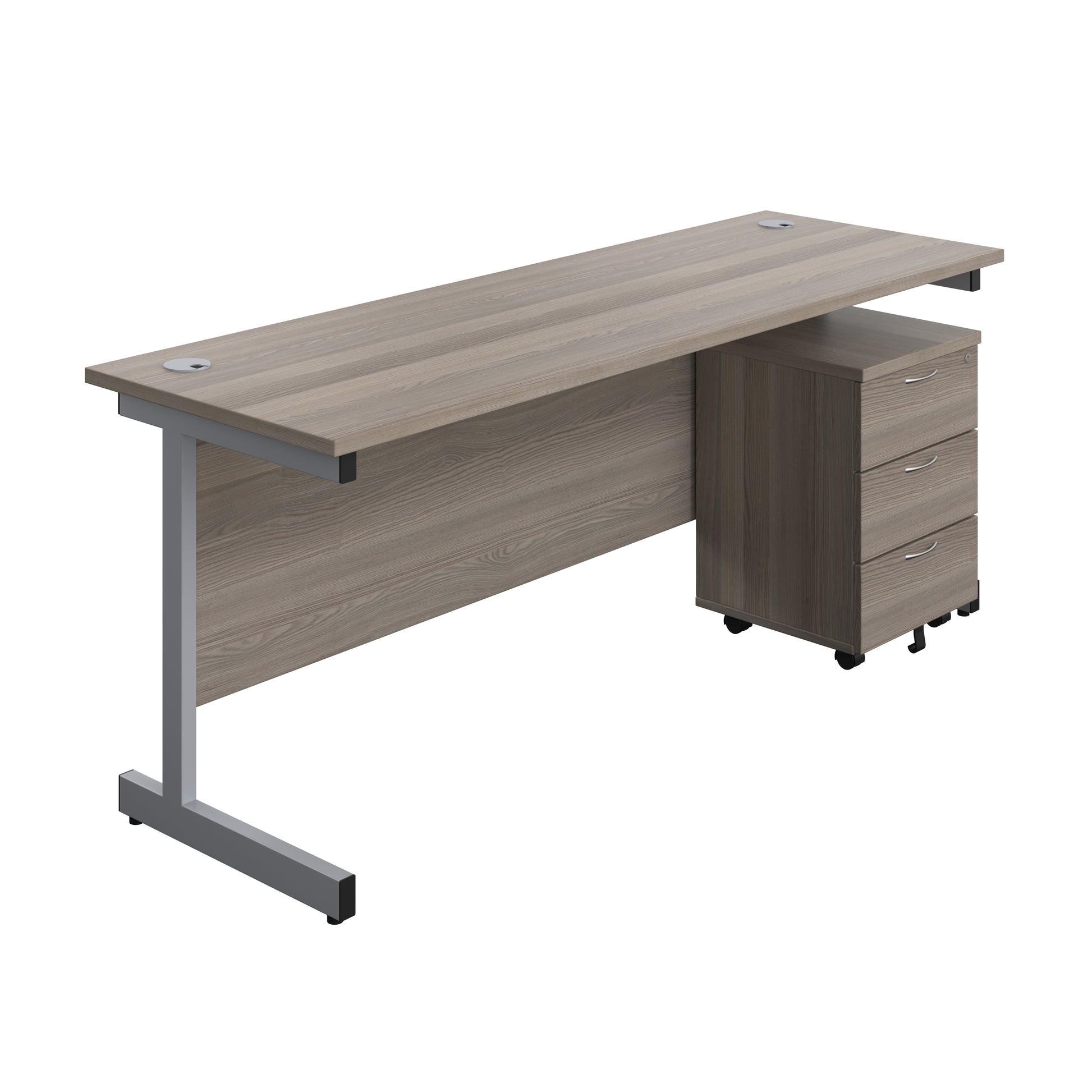 Aztec|Single Upright|Rectangular|Desk with 3 Drawer Mobile Pedestal|1800x600|Grey Oak-Silver