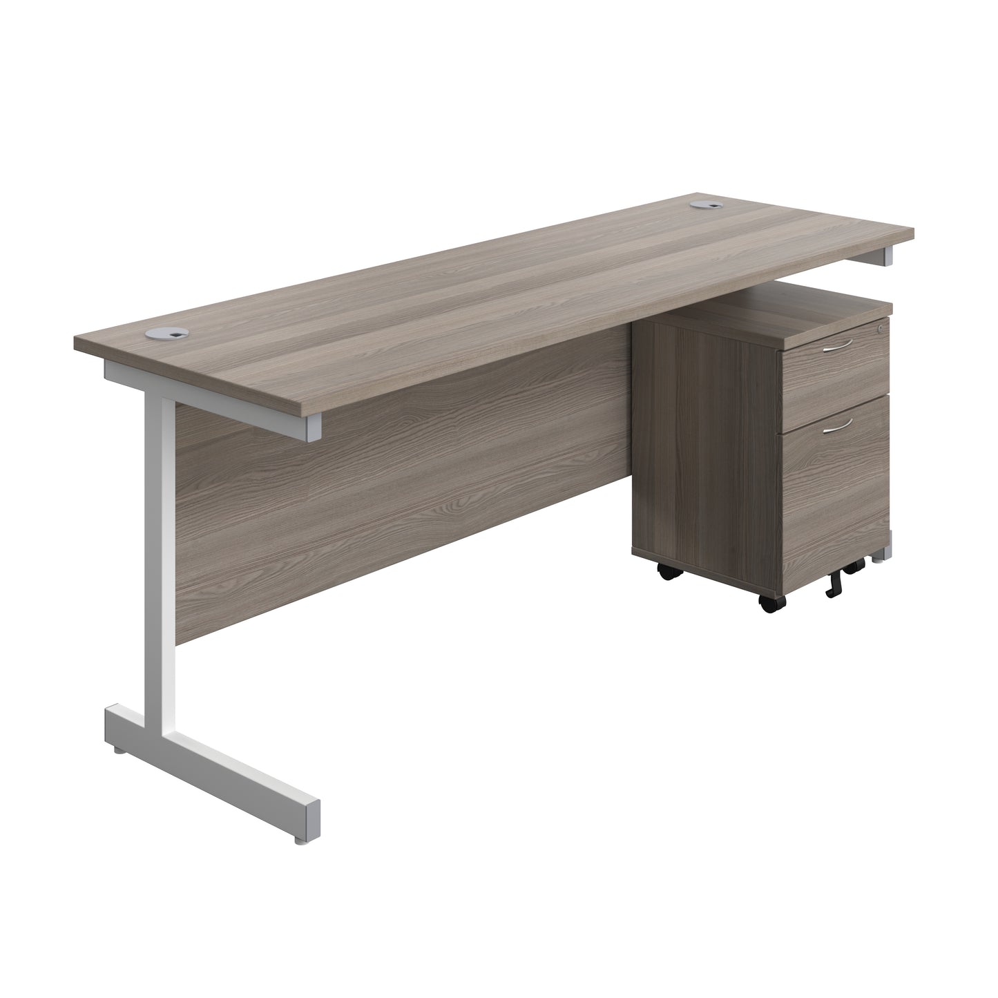 Aztec|Single Upright|Rectangular|Desk with 2 Drawer Mobile Pedestal|1800x600|Grey Oak-White