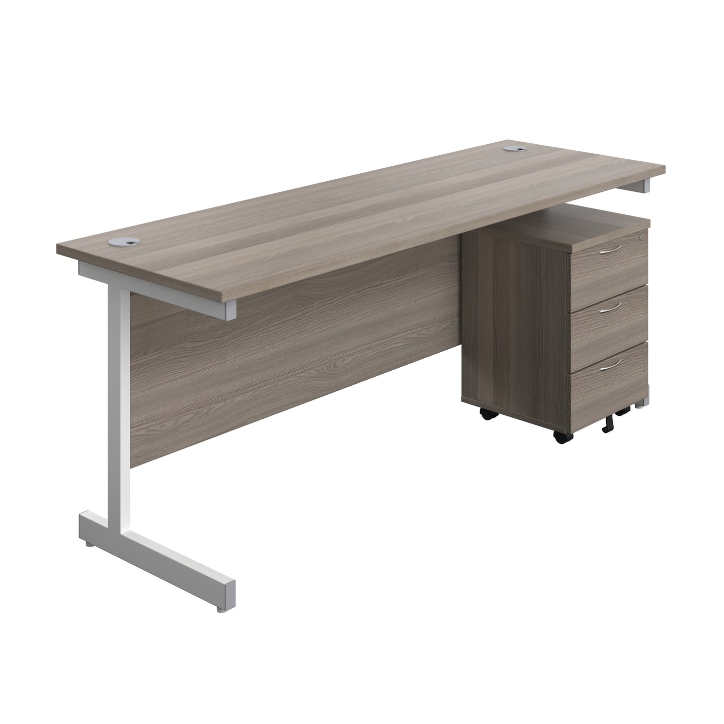 Aztec|Single Upright|Rectangular|Desk with 3 Drawer Mobile Pedestal|1800x600|Grey Oak-White