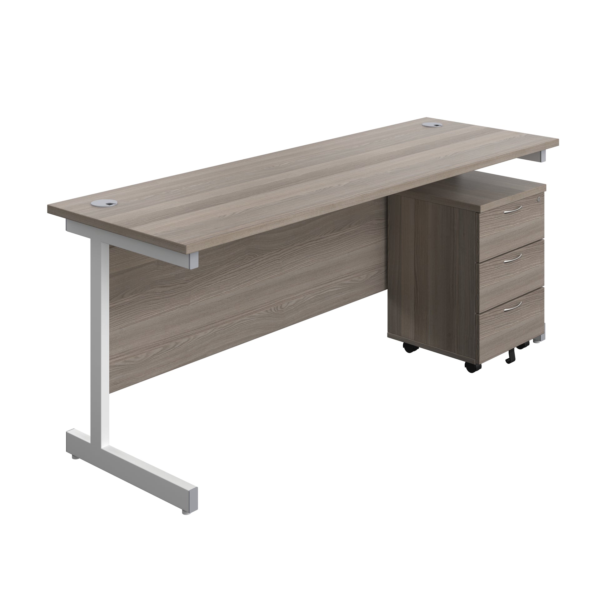 Aztec|Single Upright|Rectangular|Desk with 3 Drawer Mobile Pedestal|1800x600|Grey Oak-White