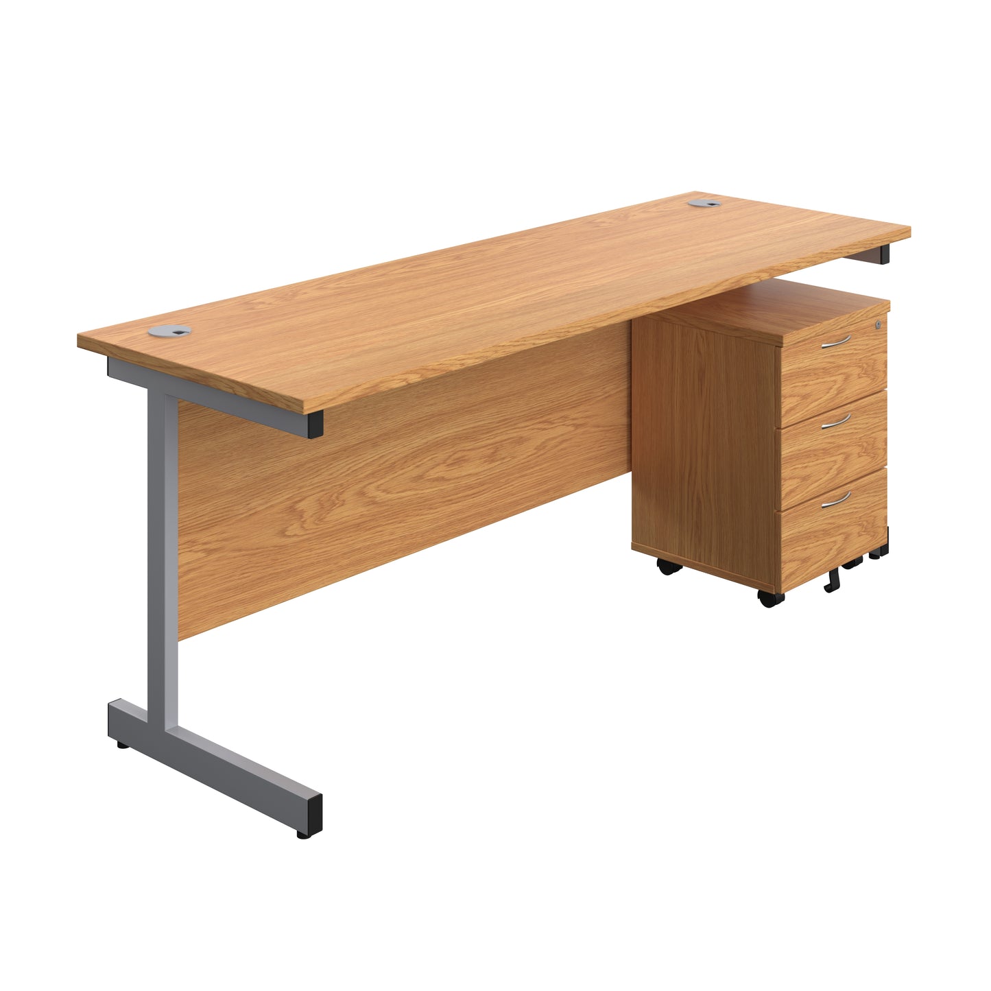 Aztec|Single Upright|Rectangular|Desk with 3 Drawer Mobile Pedestal|1800x600|Nova Oak-Silver