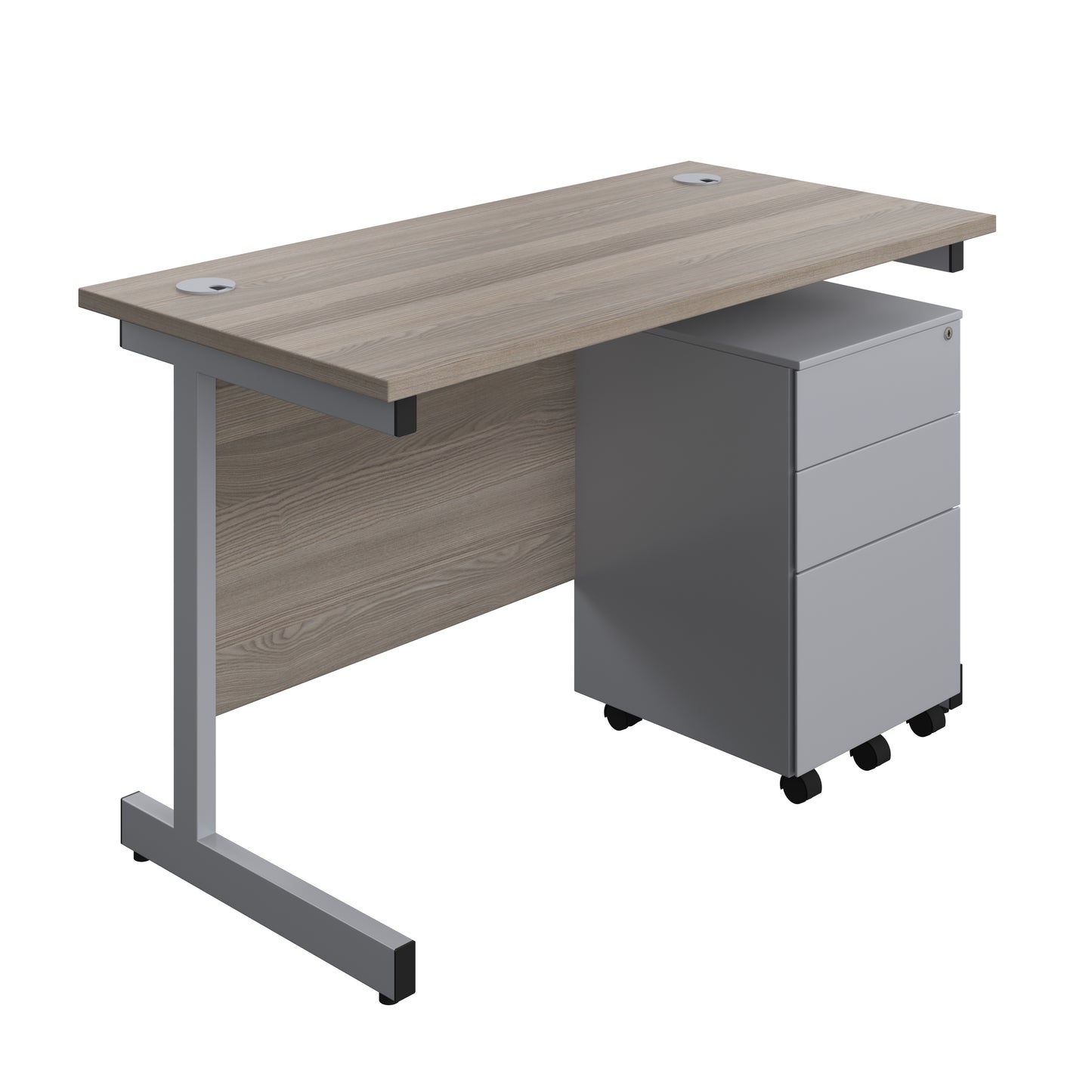 Aztec|Single Upright|Rectangular|Desk and Under Desk Steel Pedestal 3 Drawer|1200x600|Grey Oak-Silver