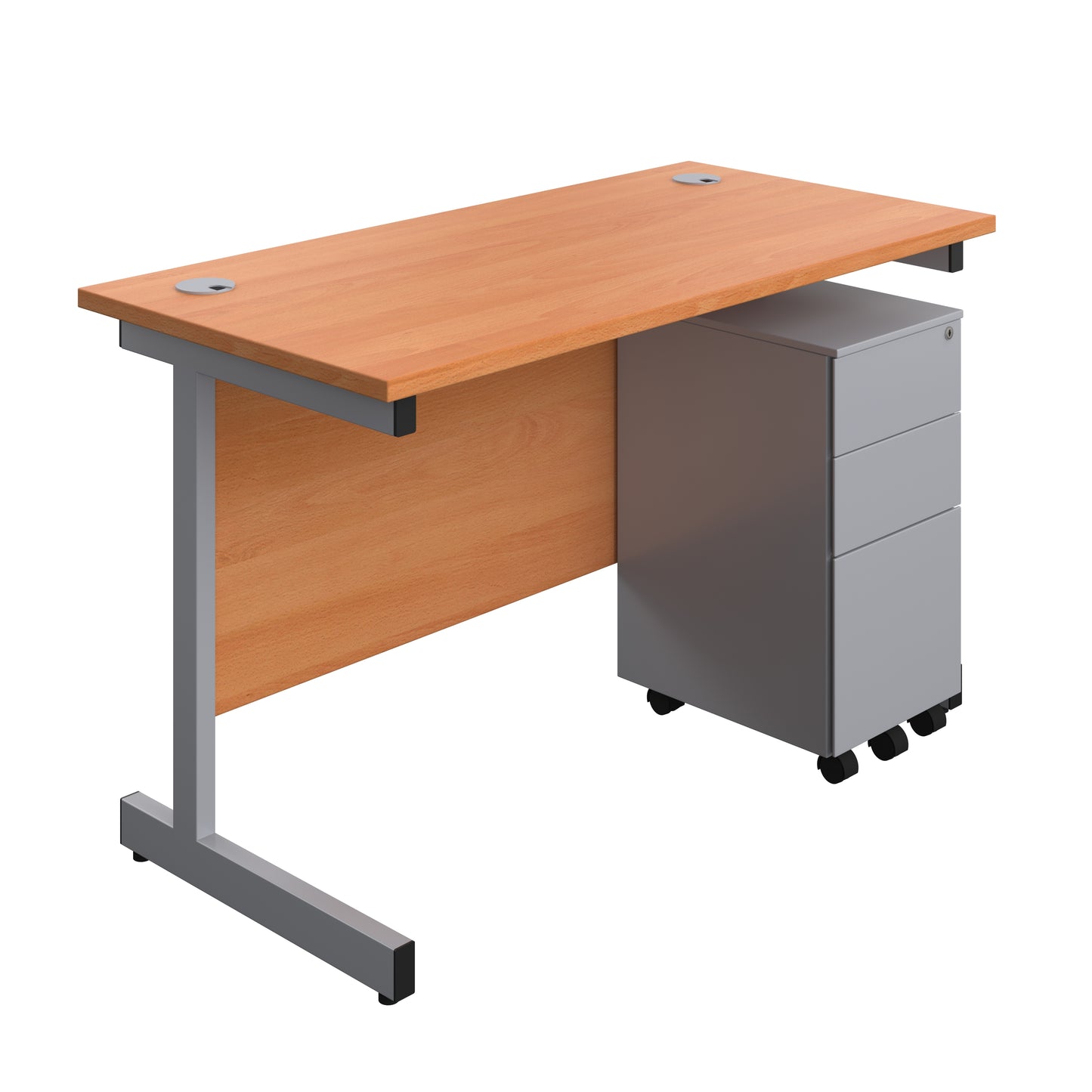 Aztec|Single Upright|Rectangular|Desk and Slimline Steel Pedestal 3 Drawer|1200x600|Beech-Silver