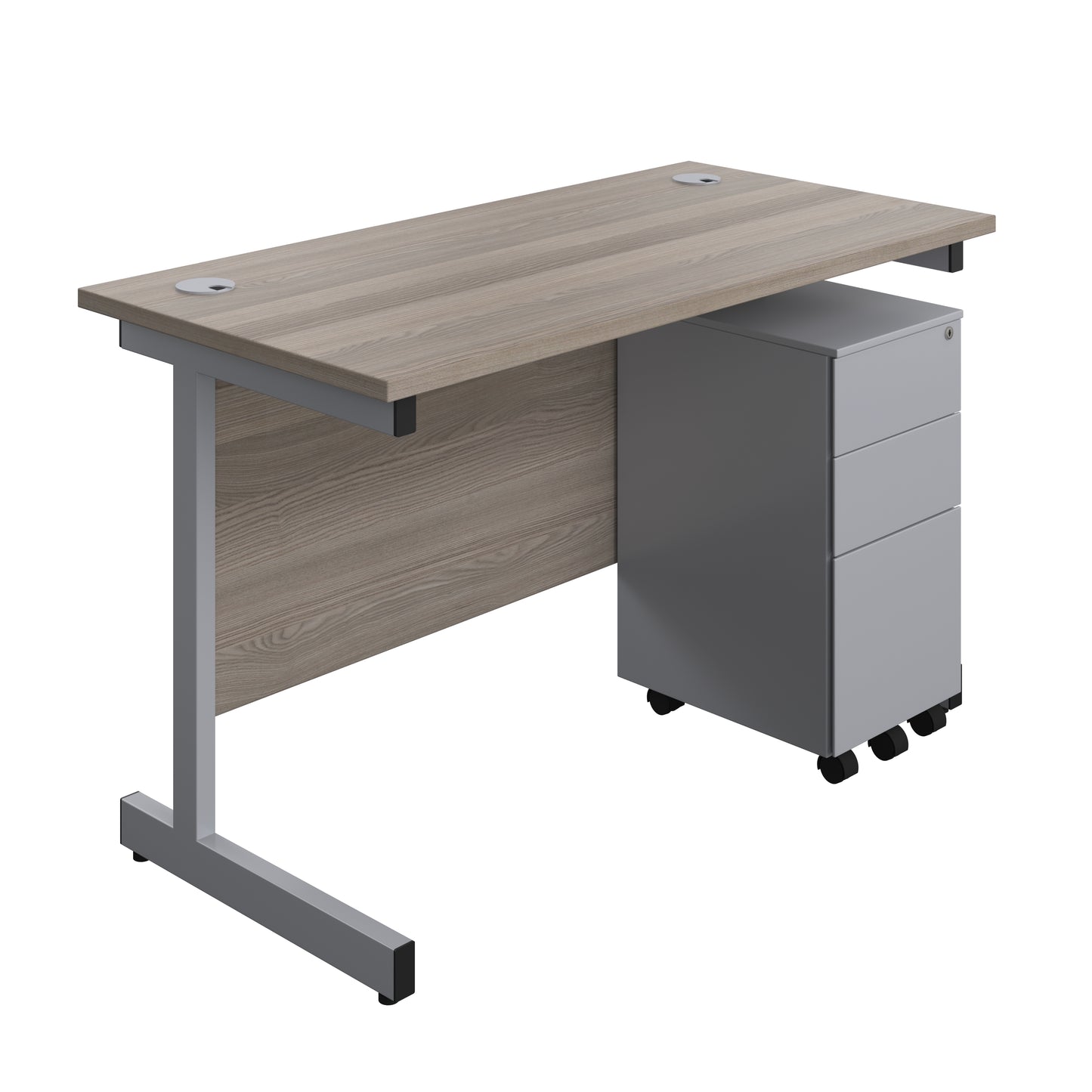 Aztec|Single Upright|Rectangular|Desk and Slimline Steel Pedestal 3 Drawer|1200x600|Grey Oak-Silver