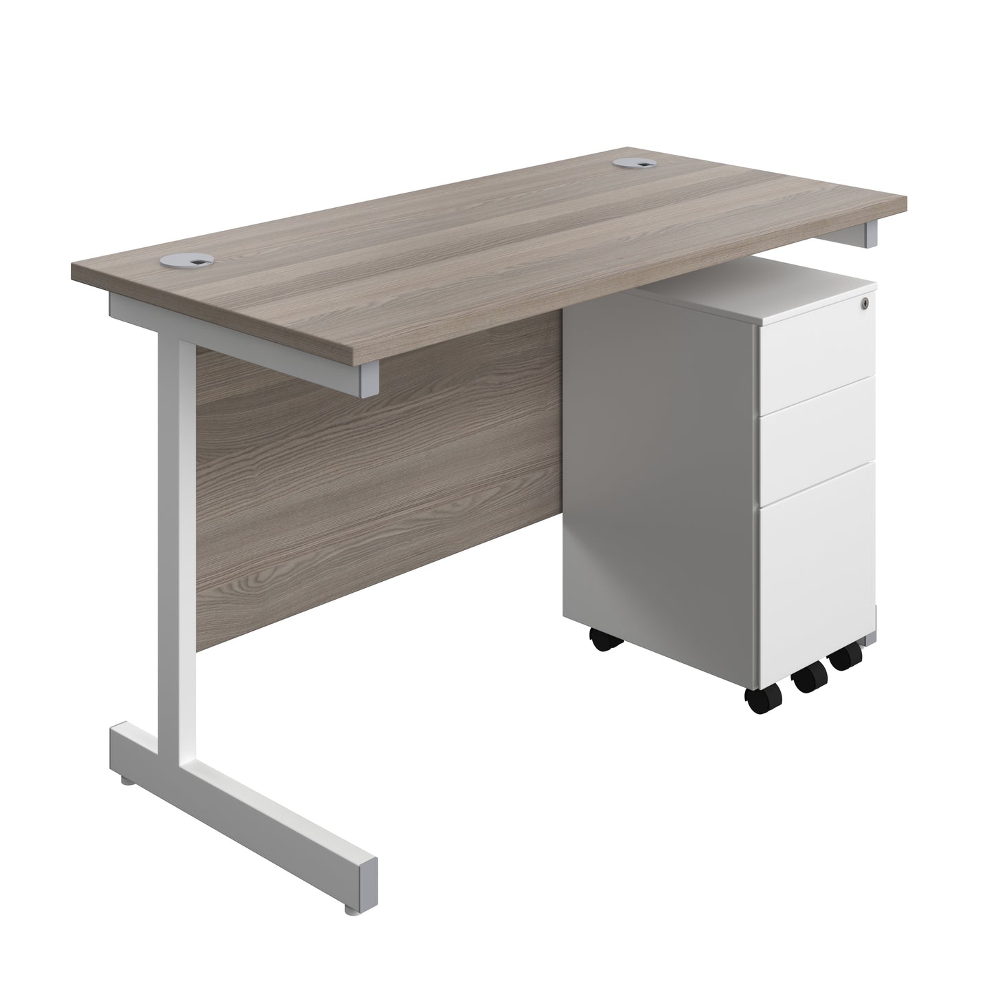 Aztec|Single Upright|Rectangular|Desk and Slimline Steel Pedestal 3 Drawer|1200x600|Grey Oak-White