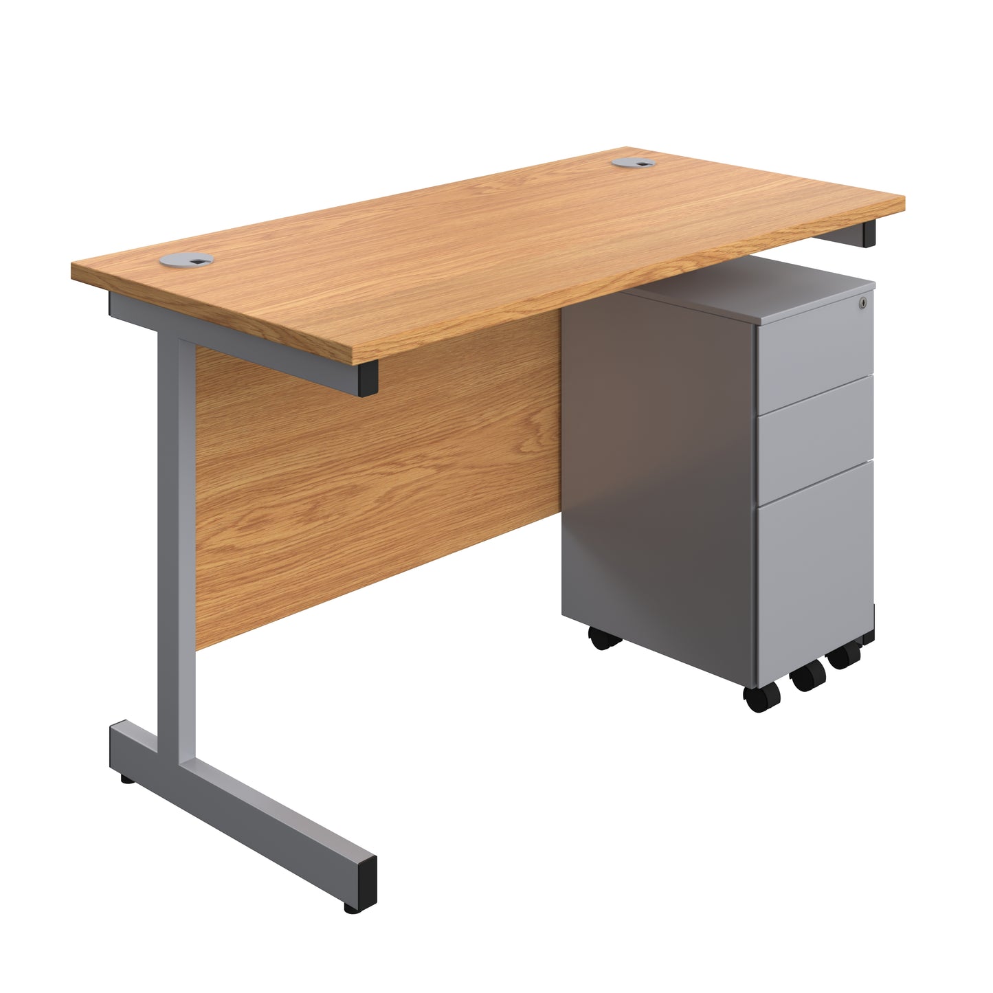 Aztec|Single Upright|Rectangular|Desk and Slimline Steel Pedestal 3 Drawer|1200x600|Nova Oak-Silver